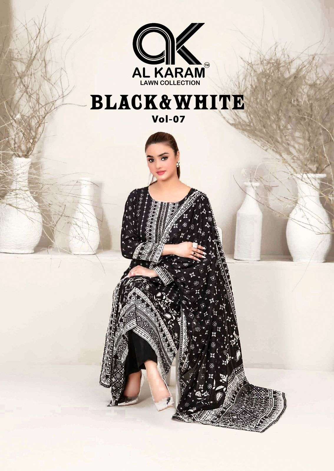 AL KARAM BLACK AND WHITE VOL 7 LAWN COLLECTION DRESS 2025