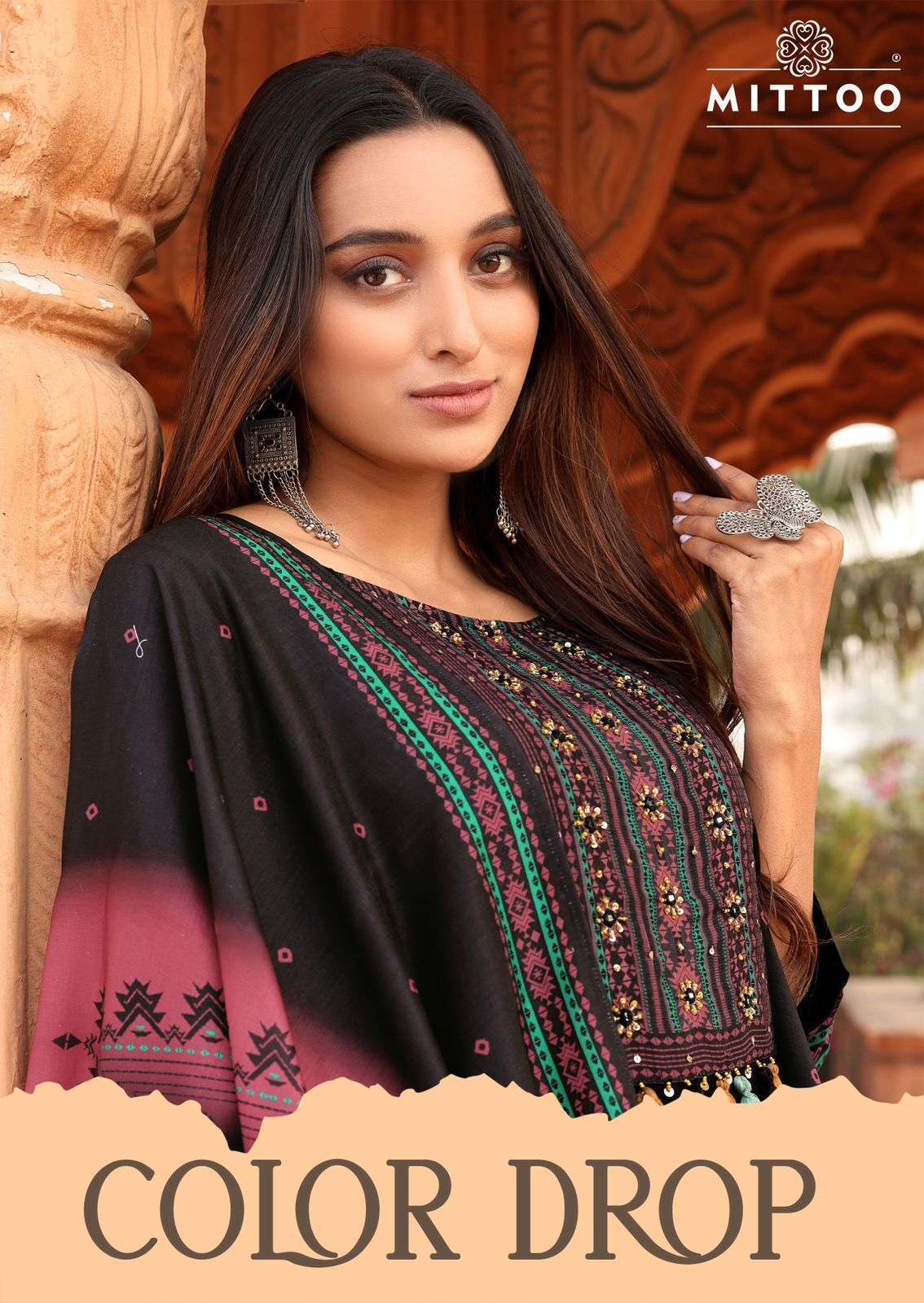 MITTOO COLOUR DROP RAYON EMBROIDERY WORK KURTI PANT WITH DUPATTA SET WHOLESALER 