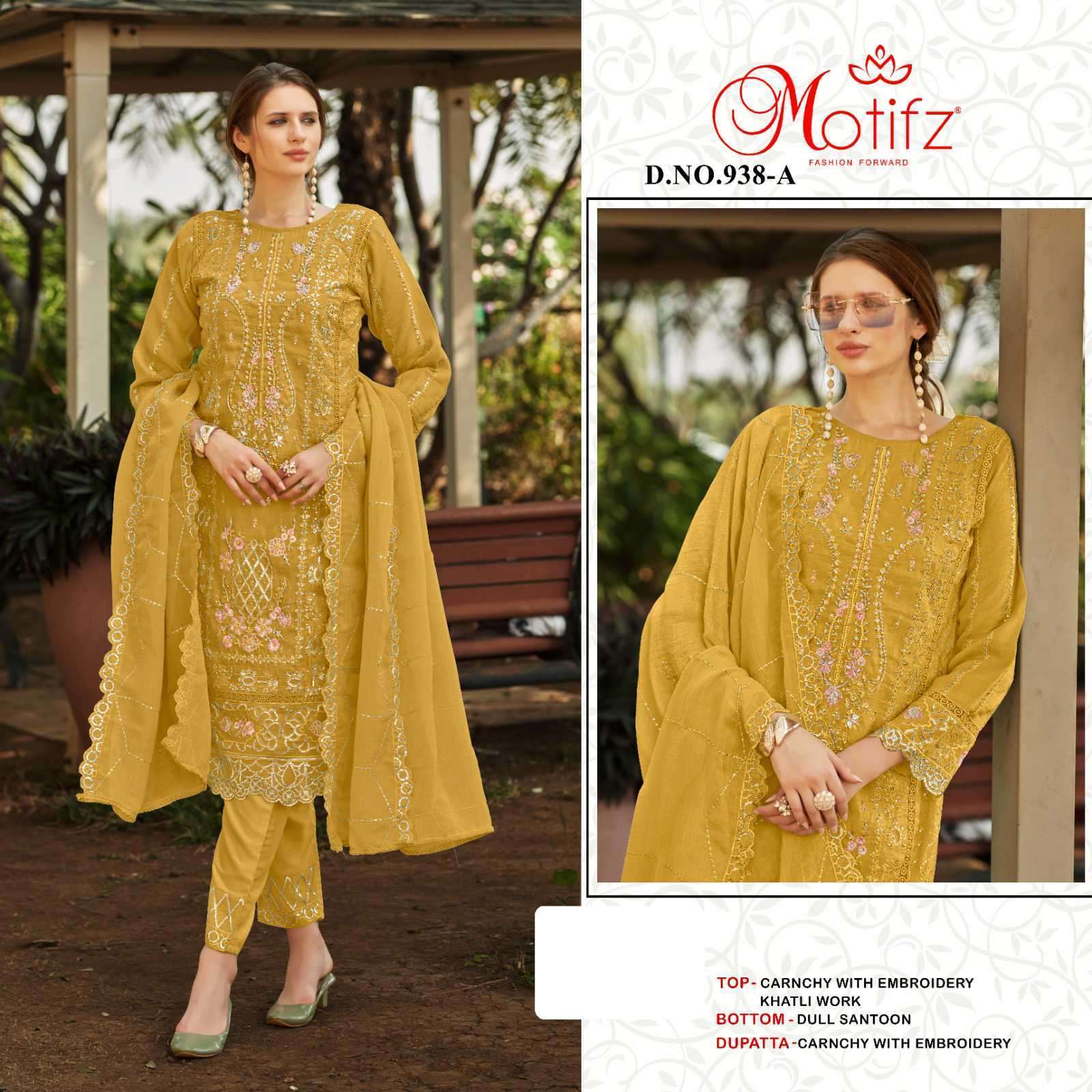 MOTIFZ D 938 COLORS ORGANZA EMBROIDERY WORK PAKISTANI SUIT WHOLESALER 2025