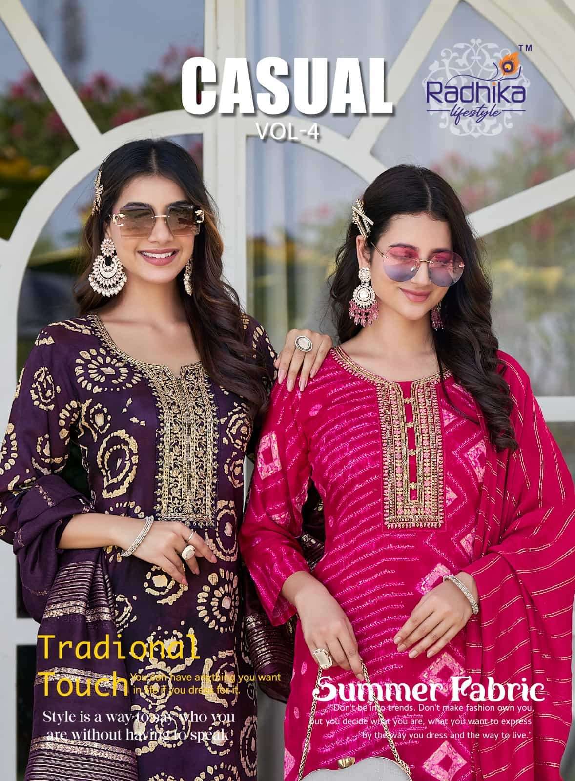 RADHIKA LIFESTYLE CASUAL VOL 4 RAYON TOP BOTTOM DUPATTA SET WHOLESALER 2025
