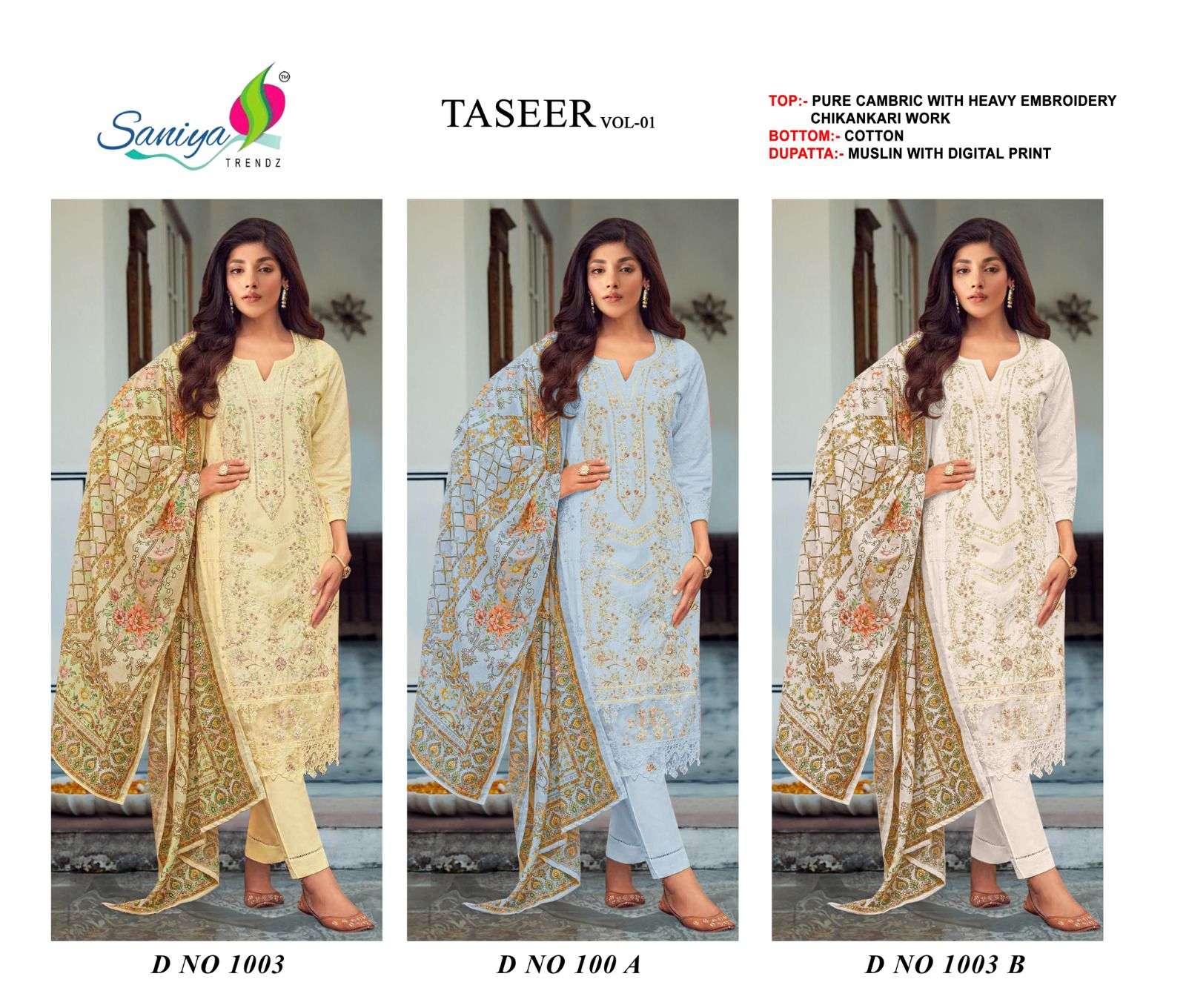SANIYA TRENDZ TASEER VOL 1 CHIKANKARI EMBRODERED SUIT WHOLESALER 2025