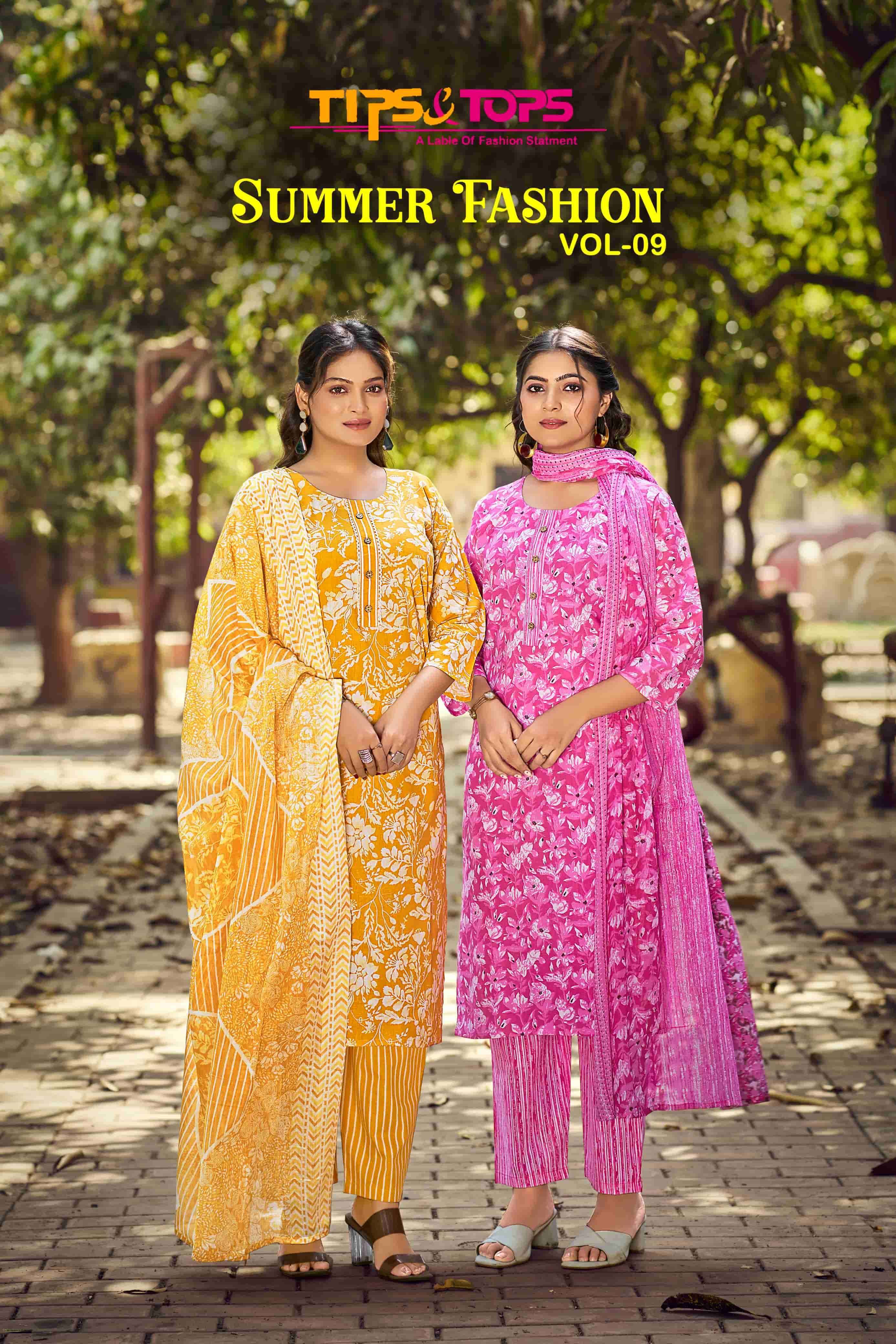 TIPS AND TOPS SUMMER FASHION VOL 9 COTTON KURTI PANT WITH DUPATTA SET WHOLESALER 