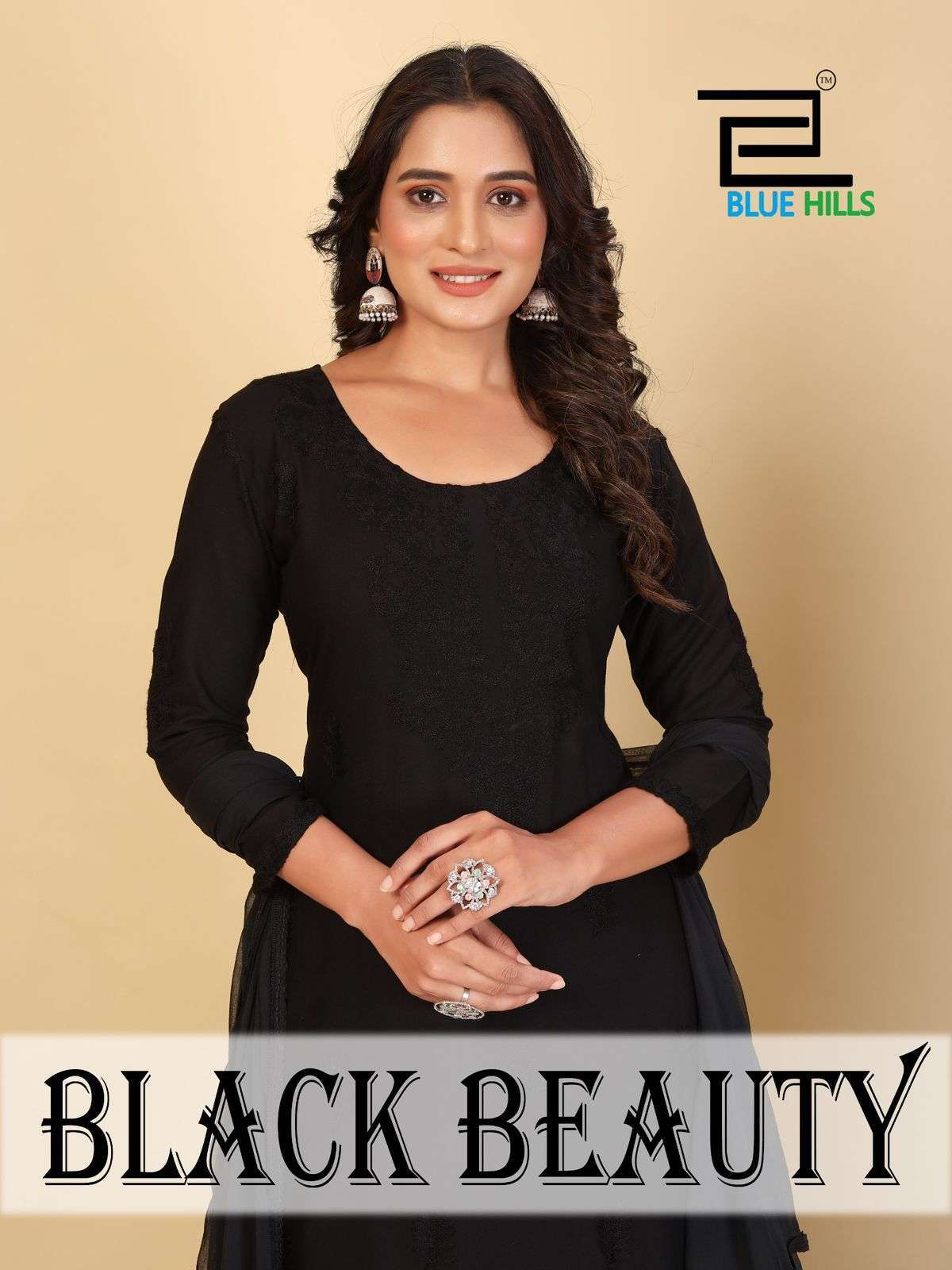 BLUE HILLS BLACK BEAUTY FANCY 3 PIECE PALAZZO SUIT CATALOGUE BEST RATE DEALER 