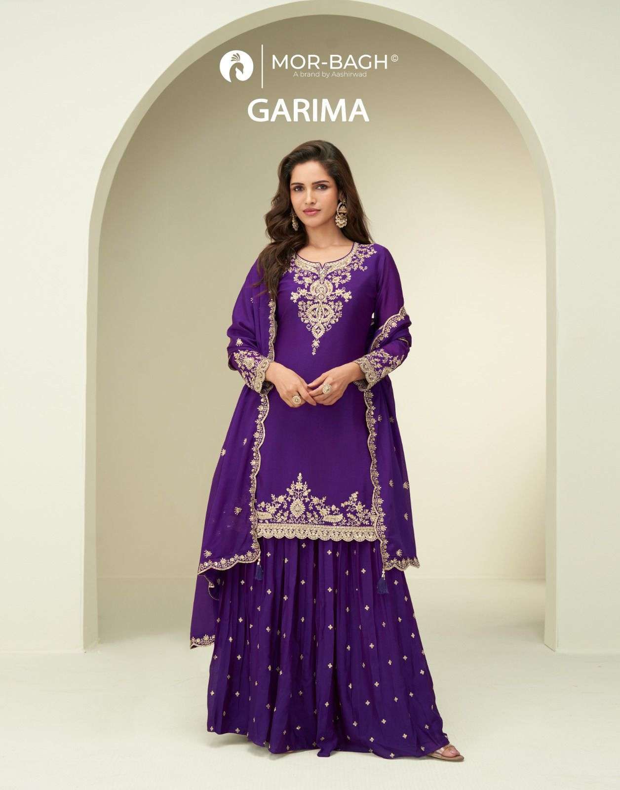 AASHIRWAD MOR BAGH GARIMA CHINON SILK DESIGNER SHARARA DRESS WHOLESALER 2025