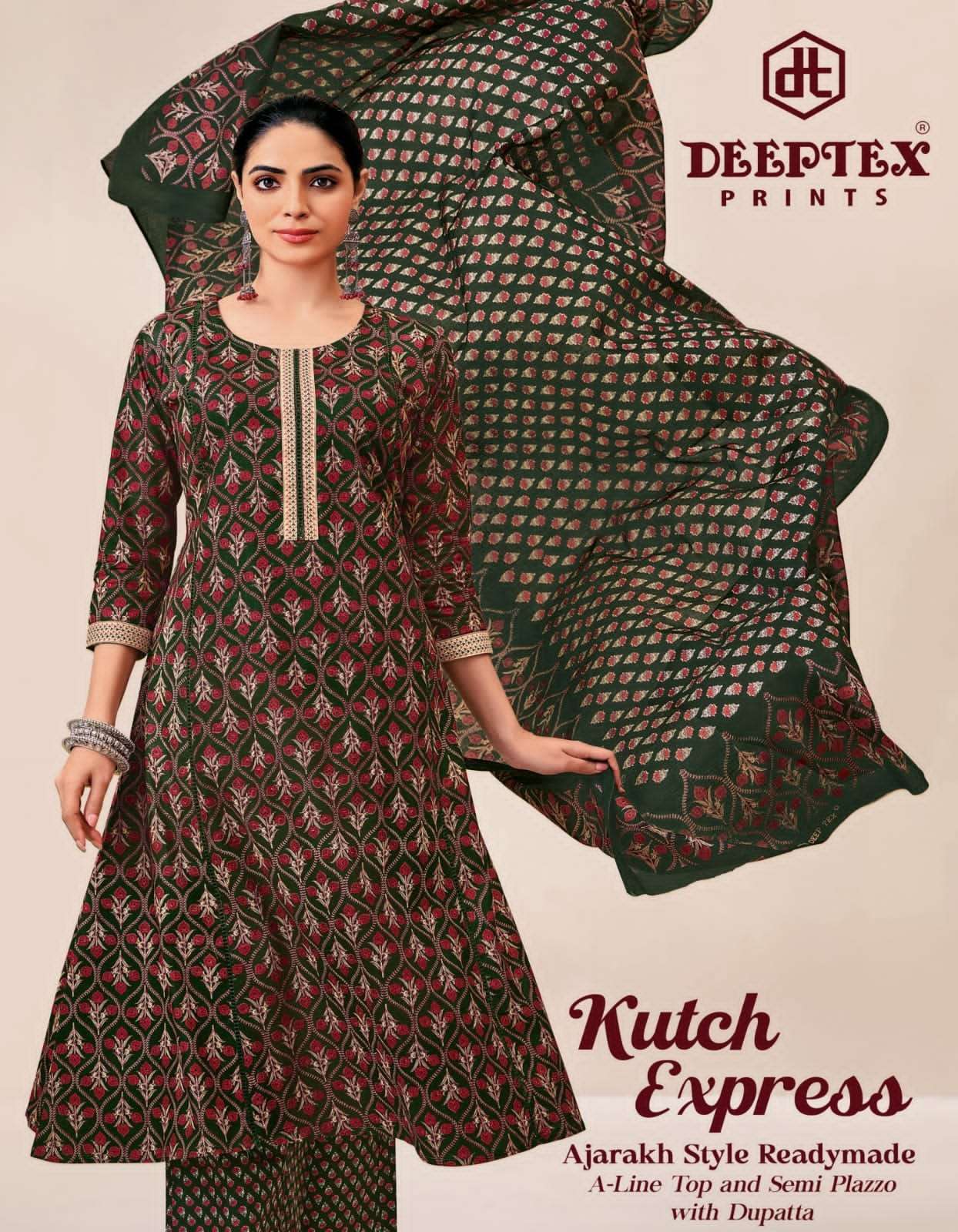 DEEPTEX KUTCH EXPRESS VOL 1 A LINE KURTI PANT DUPATTA SET WHOLESALER 