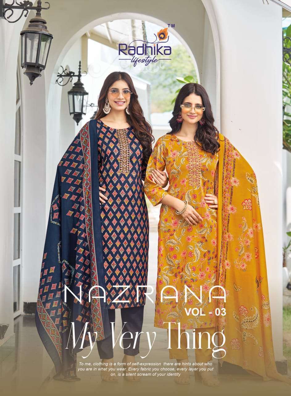 RADHIKA LIFESTYLE NAZRANA VOL 3 TOP BOTTOM WITH DUPATTA SET WHOLESALER 