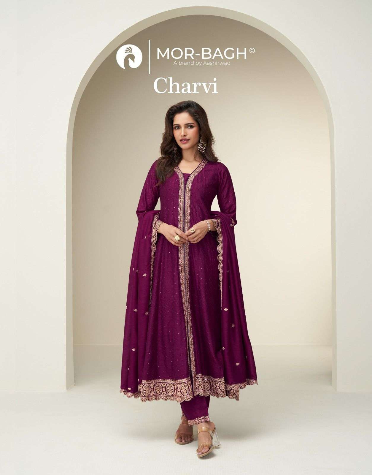 AASHIRWAD MOR BAGH CHARVI 10387 TO 10391 SILK DESIGNER PARTYWEAR SUIT COLLECTION BEST RATE 