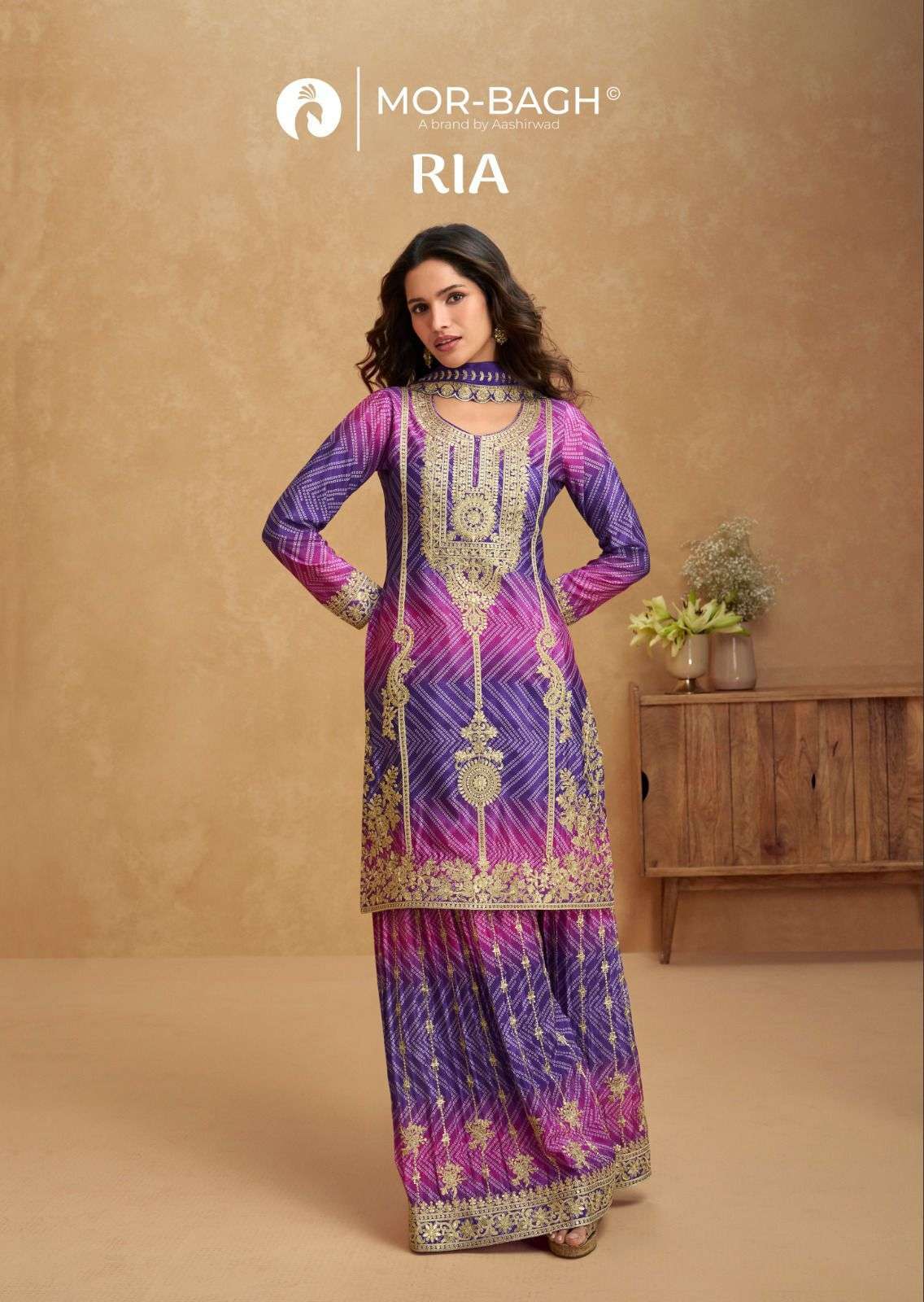 AASHIRWAD MOR BAGH RIA 10288 TO 10290 CHINON SILK PALAZZO SUIT WHOLESALER IN SURAT 