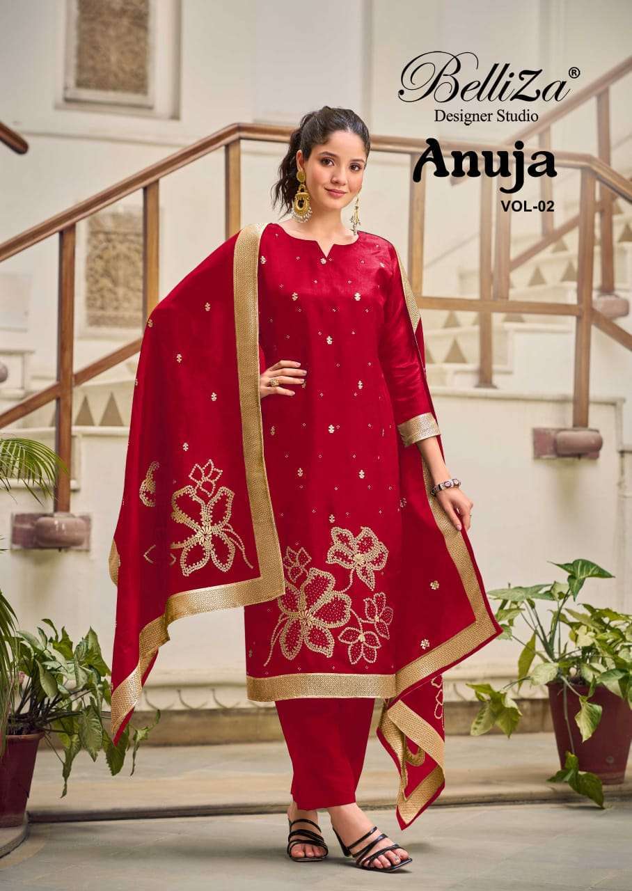 BELLIZA DESIGNER ANUJA VOL 2 DOLA SILK JACQUARD LADIES SUIT WHOLESALER IN SURAT 