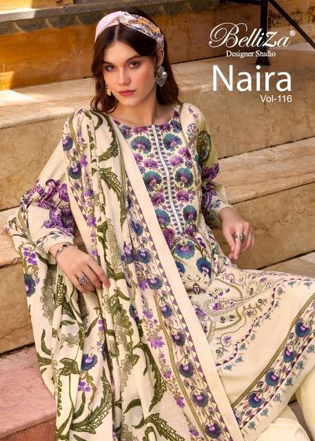 BELLIZA DESIGNER NAIRA VOL 116 PURE COTTON EMBROIDERY SUIT WHOLESALER 