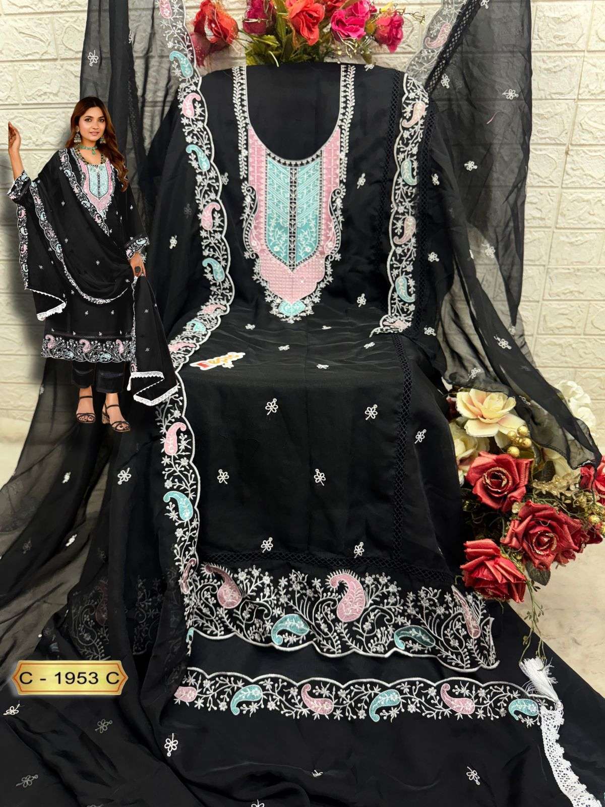 FEPIC C 1953 COLORS ORGANZA EMBRODERY PAKISTANI SUIT WHOLESALE 
