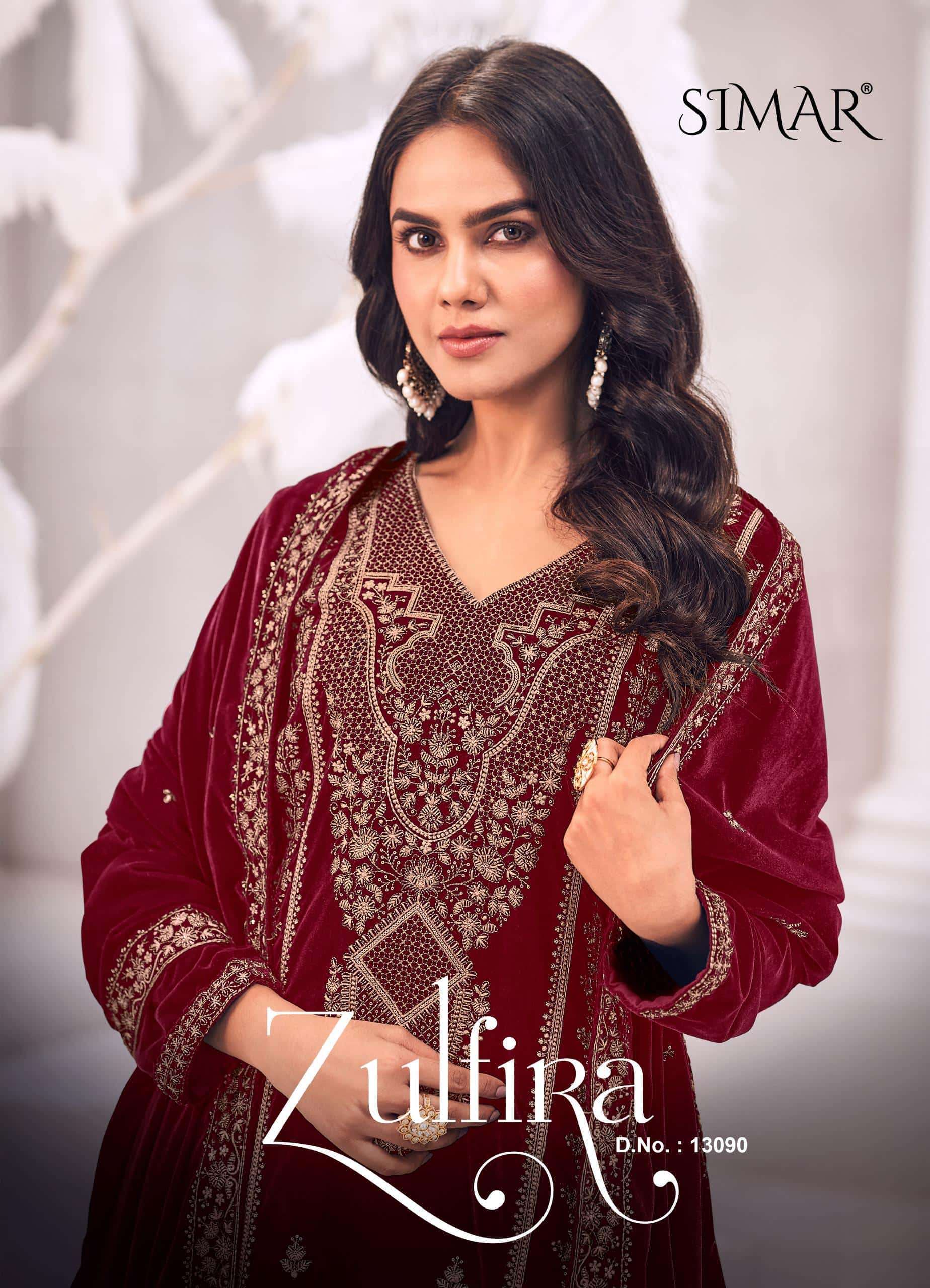 GLOSSY SIMAR ZULFIRA DESIGNER VELVET SUIT WHOLESALER IN SURAT 2025