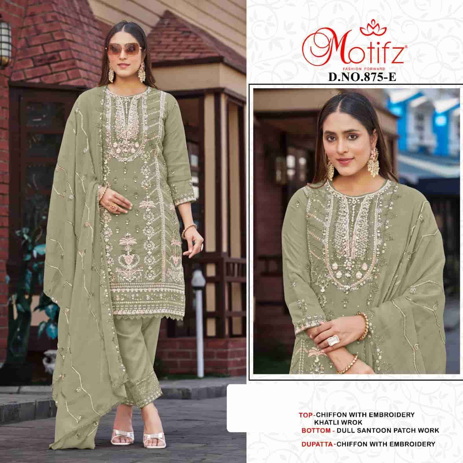 MOTIFZ D 875 COLOURS CHIFFON EMBRODERY PAKISTANI SUIT WHOLESALER 