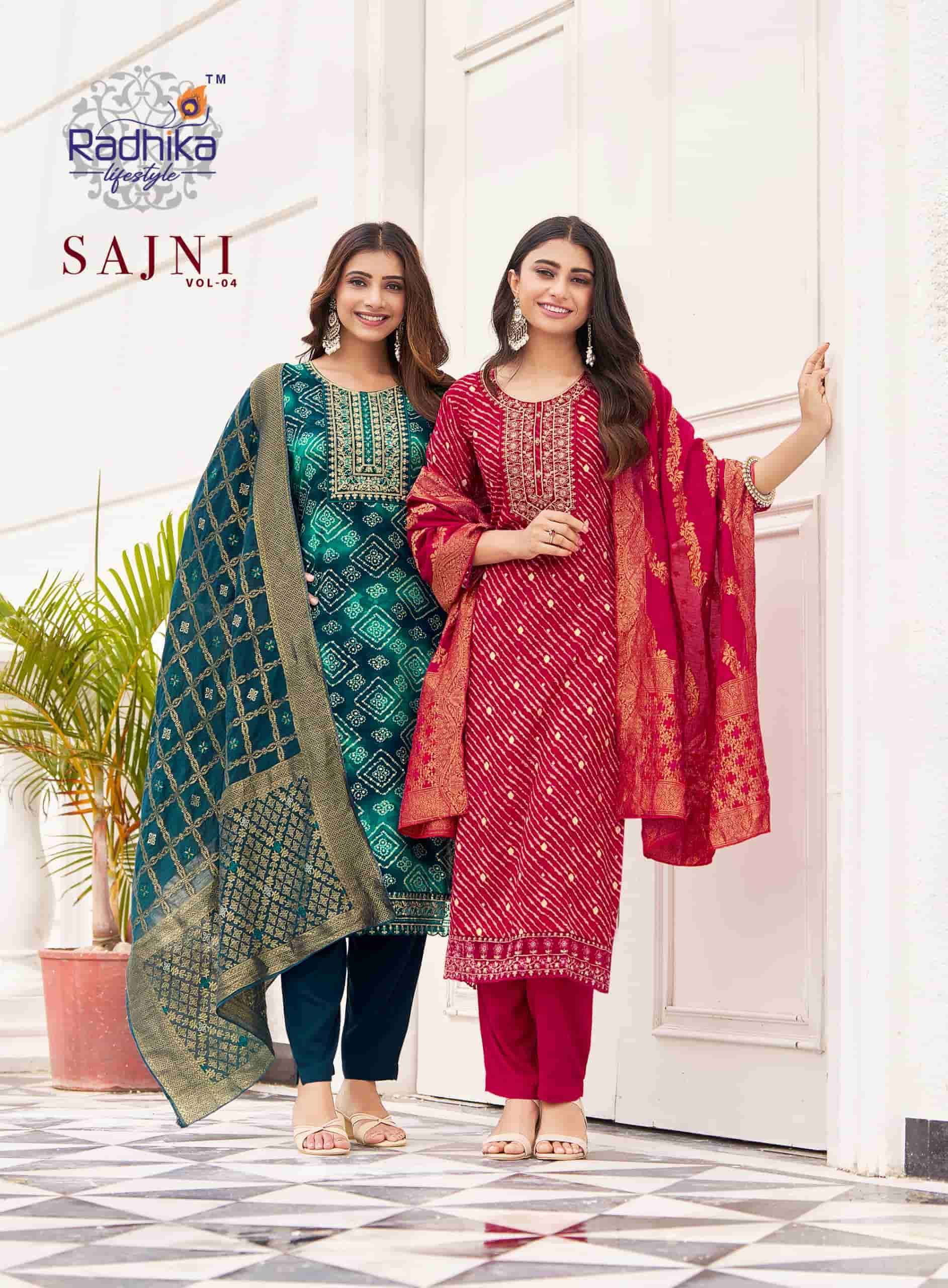 RADHIKA LIFESTYLE SAJNI VOL 4 BANDHANI DESIGNER 3 PCS SET WHOLESALER 