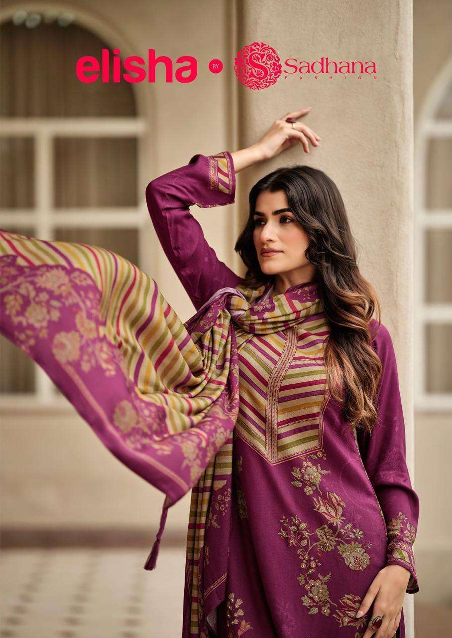 SADHANA FASHION ELISHA VISCSOE PASHMINA LADIES SUIT CATALOGUE WHOLESALER 