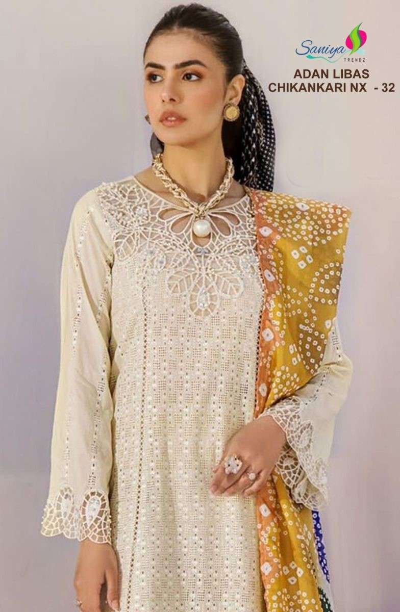 SANIYA TRENDZ ADAN LIBAS CHIKANKARI NX VOL 32 PURE COTTON PAKISTANI SUIT WHOLESALER 