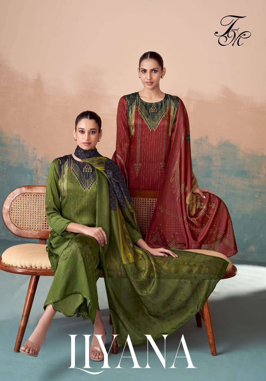 T AND M DESIGNER LIYANA PRINTED SATIN SILK SUIT WHOLESALER IN INDIA 