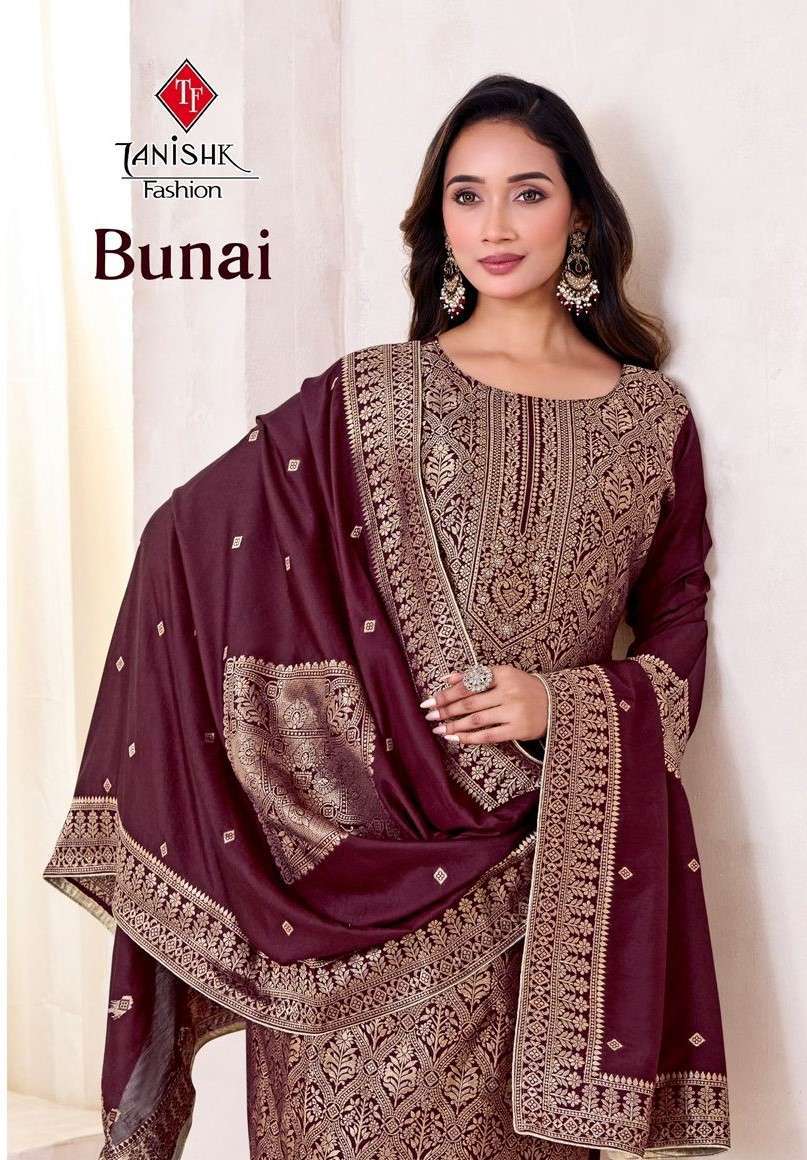 TANISHK BUNAI PURE MUSLIN JACQUARD DESIGNER SUIT CATALOG SUPPLIER 