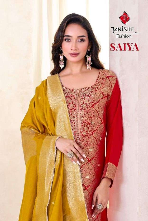 TANISHK SAIYA PURE MUSLIN JACQUARD DESIGN SUIT WHOLESALER IN SURAT 2025