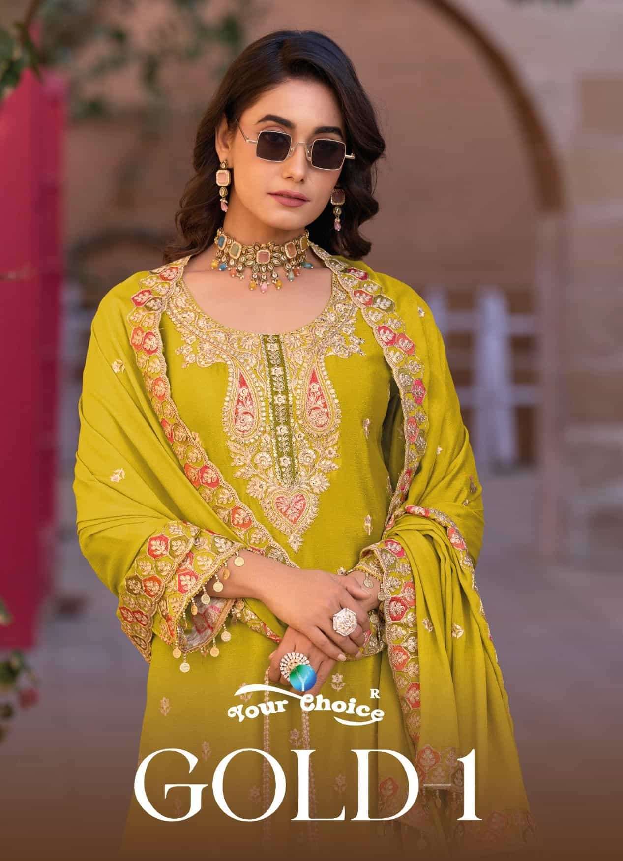 YOUR CHOICE GOLD VOL 1 CHINON PARTY WEAR GHARARA SUIT WHOLESALER BEST RATE 