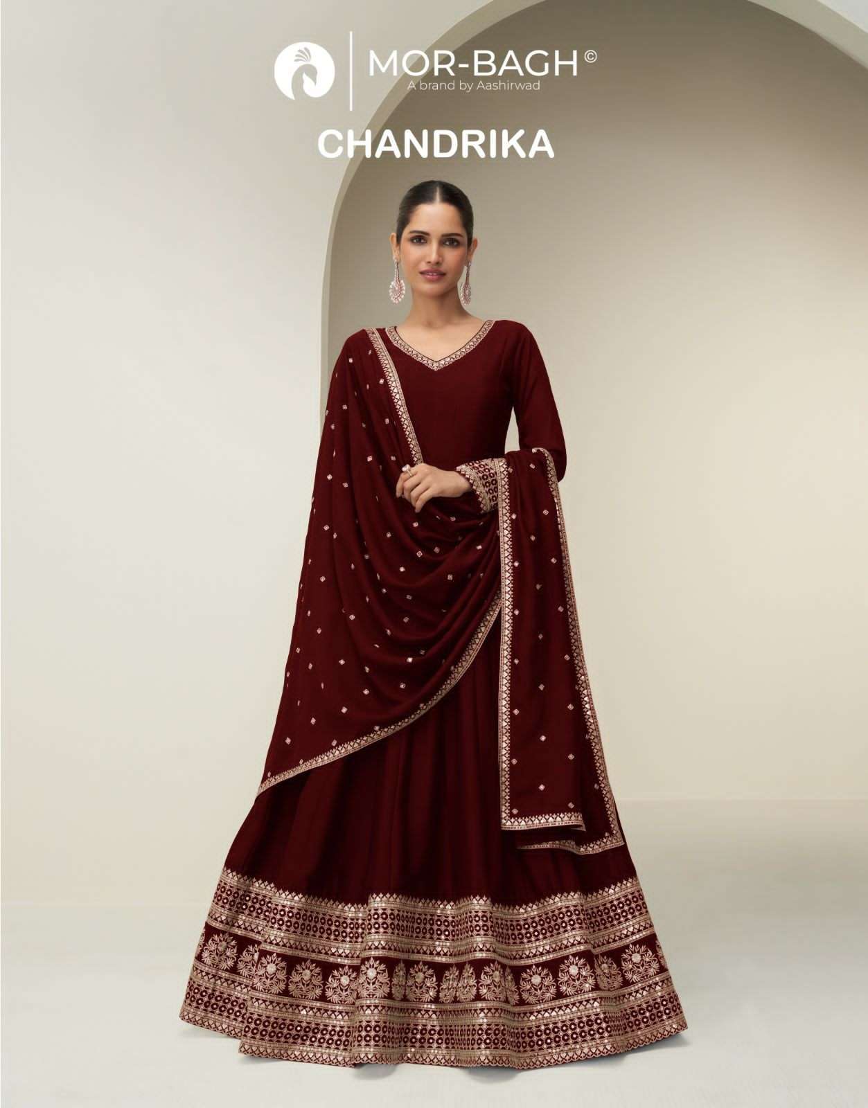 AASHIRWAD MOR BAGH CHANDRIKA 10380 TO 10383 DESIGNER GOWN CATALOGUE WHOLESALER IN SURAT 2025