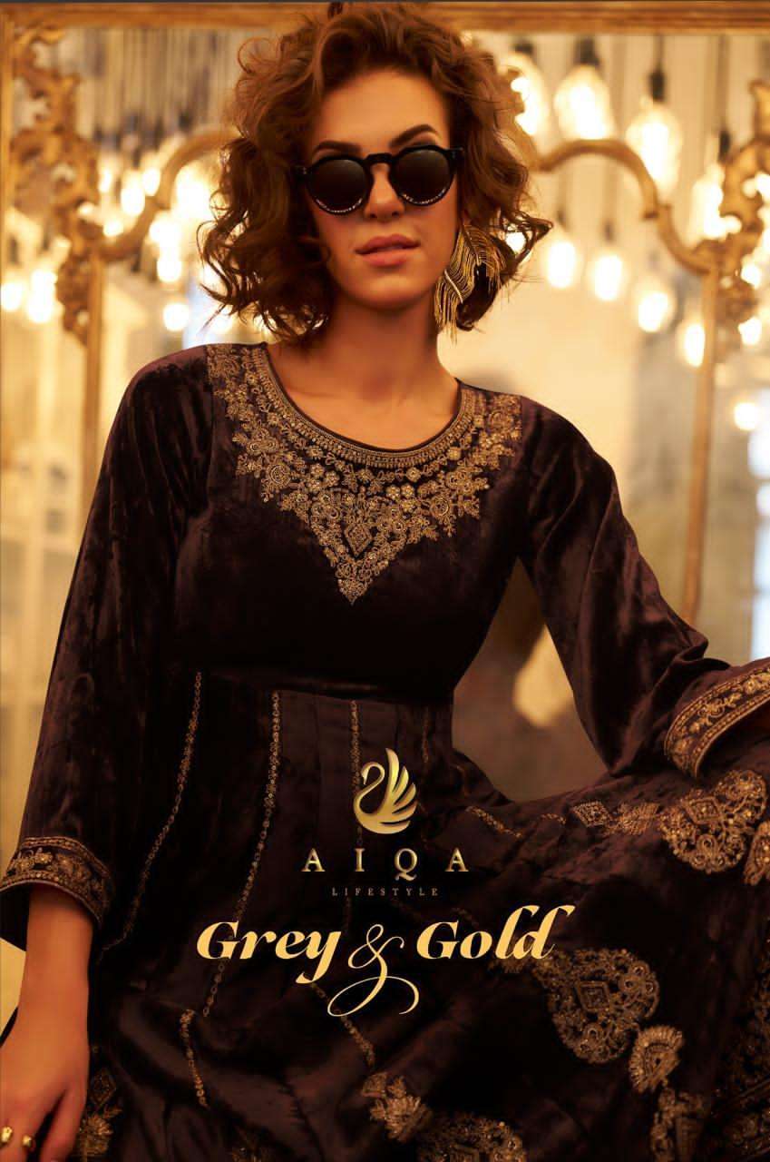 AIQA LIFESTYLE GREY AND GOLD PARTY WEAR VELVET SUIT COLLECTION BEST RATE 2025