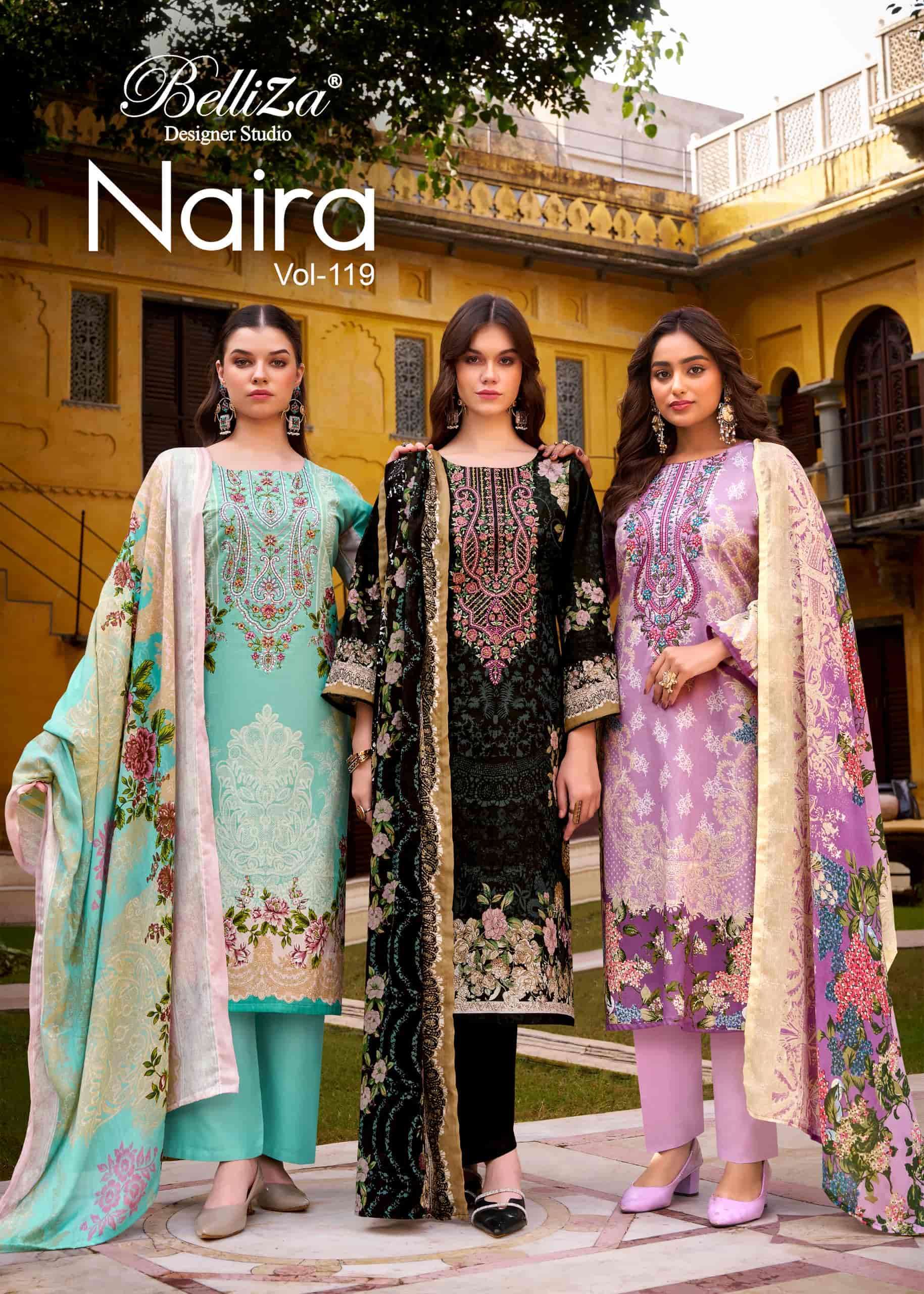 BELLIZA DESIGNER NAIRA VOL 119 PURE COTTON EMBROIDERY SUIT WHOLESALER 