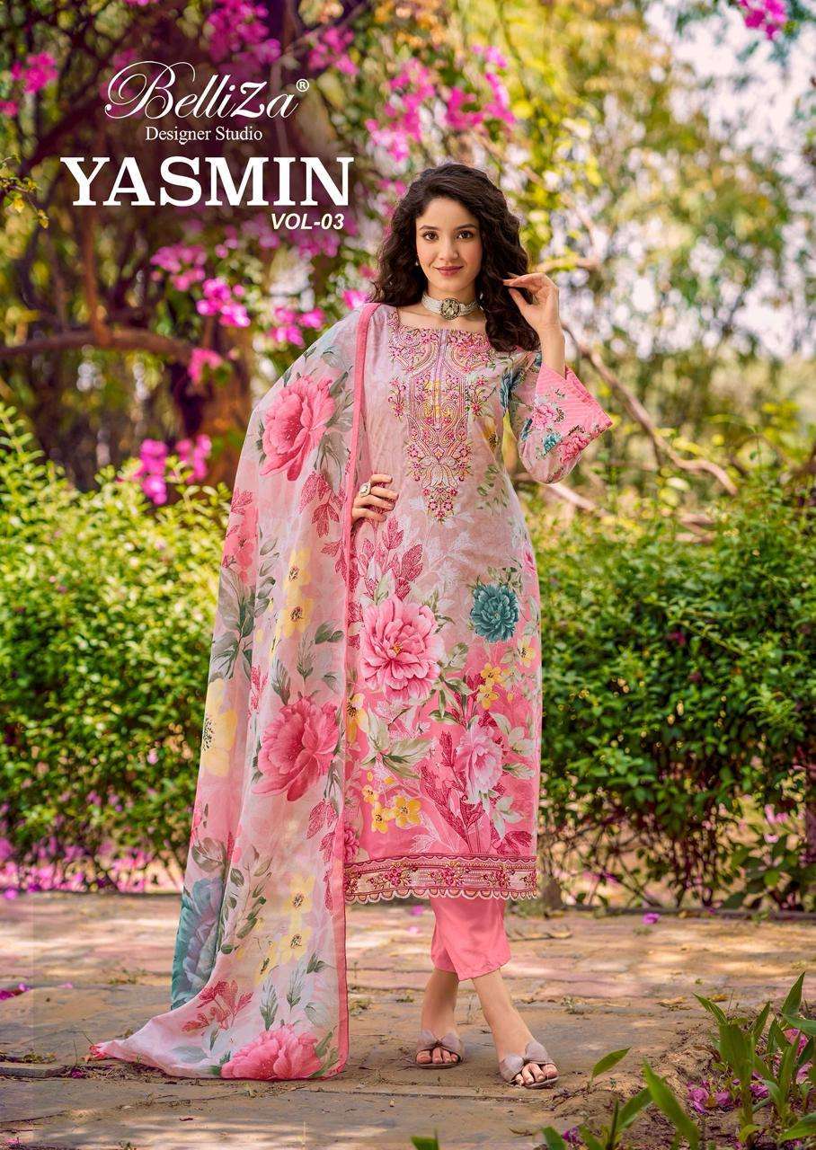 BELLIZA DESIGNER YASMIN VOL 3 PURE COTTON SELF EMBROIDERY SUIT WHOLESALER 