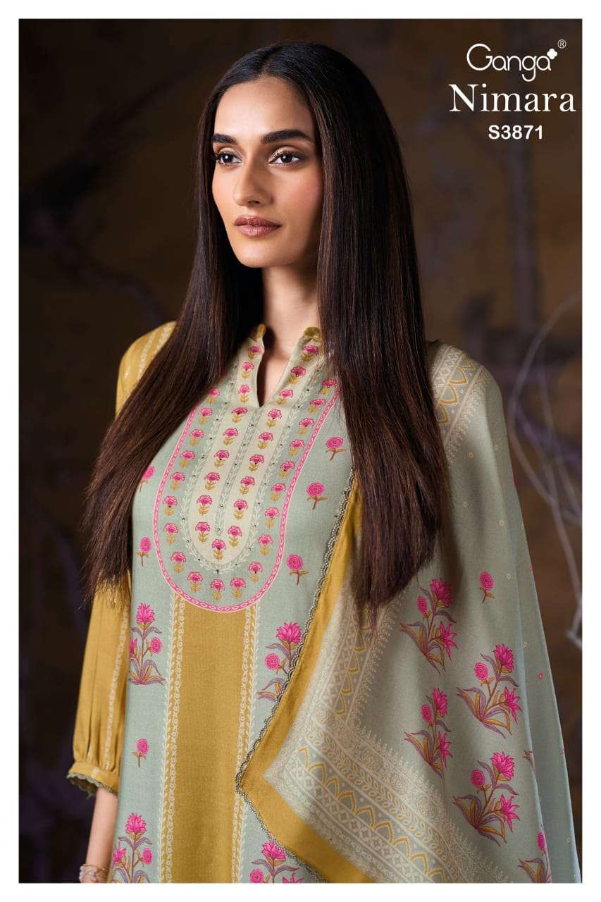 GANGA FASHION NIMARA 3871 PRINTED PURE PASHMINA WINTER SUIT COLLECTION BEST RATE 