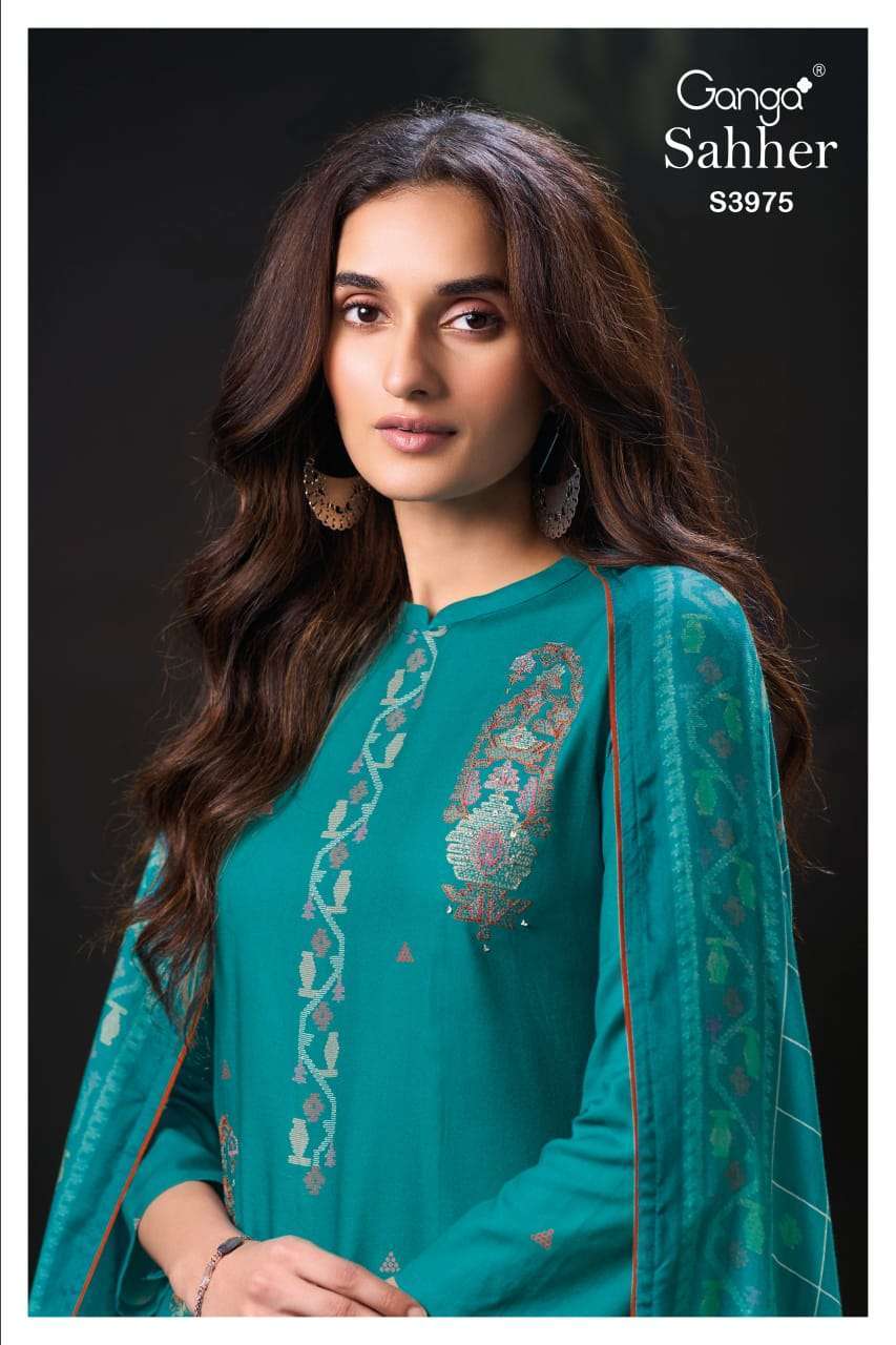 GANGA FASHION SAHHER 3975 PASHMINA SUIT CATALOG WHOLESALER 2025