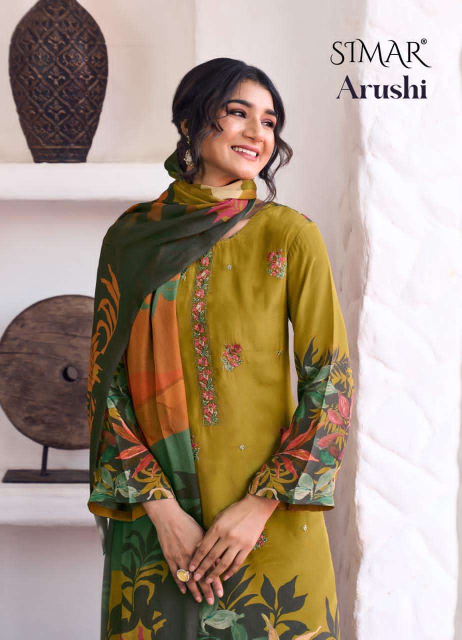 GLOSSY SIMAR ARUSHI FANCY CRAPE SALWER SUIT COLLECTION BEST RATE DEALER 