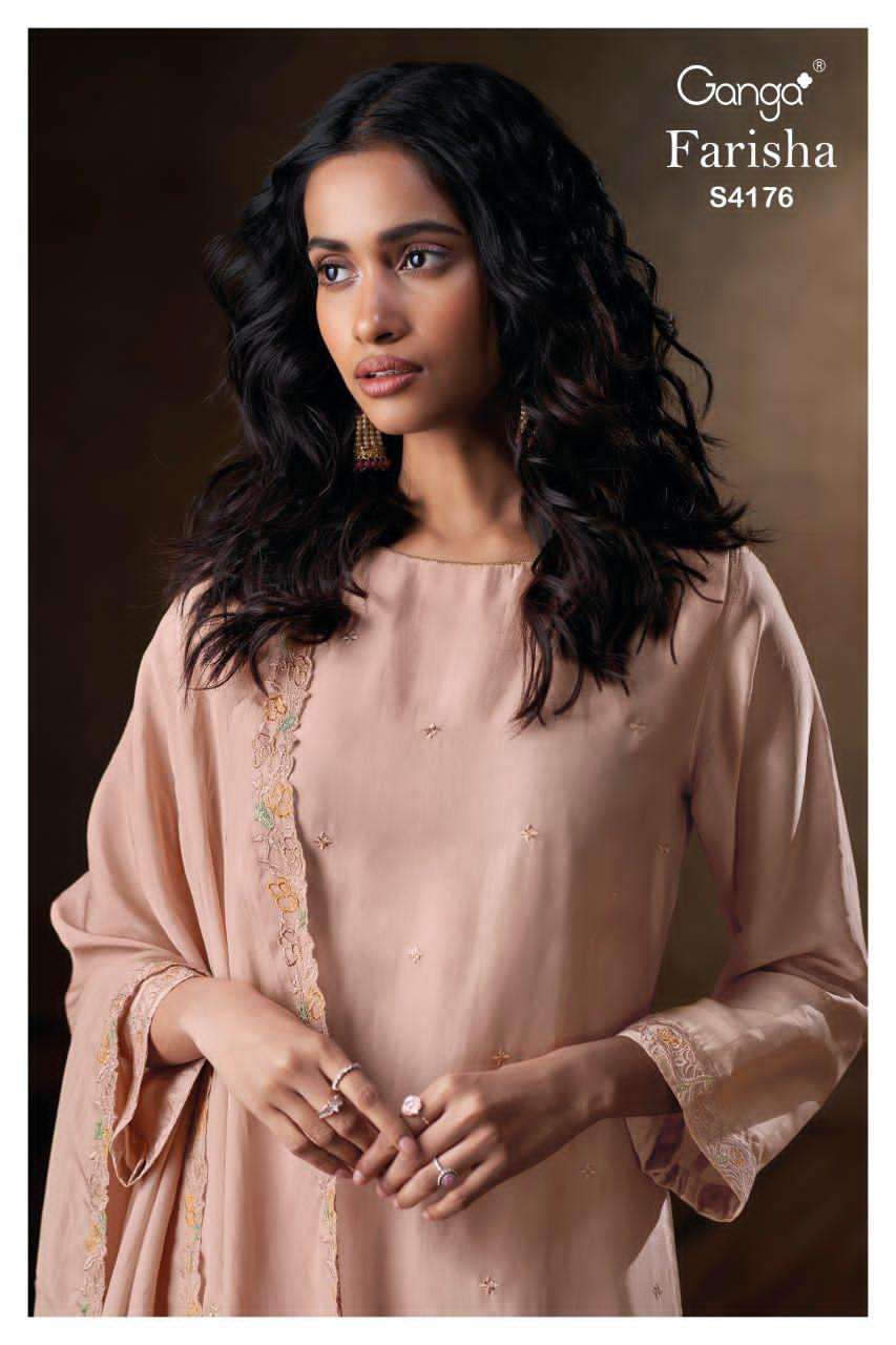 GANGA FASHION FARISHA 4176 DESIGNER PARTYWEAR UNSTITCH SUIT WHOLESALER 