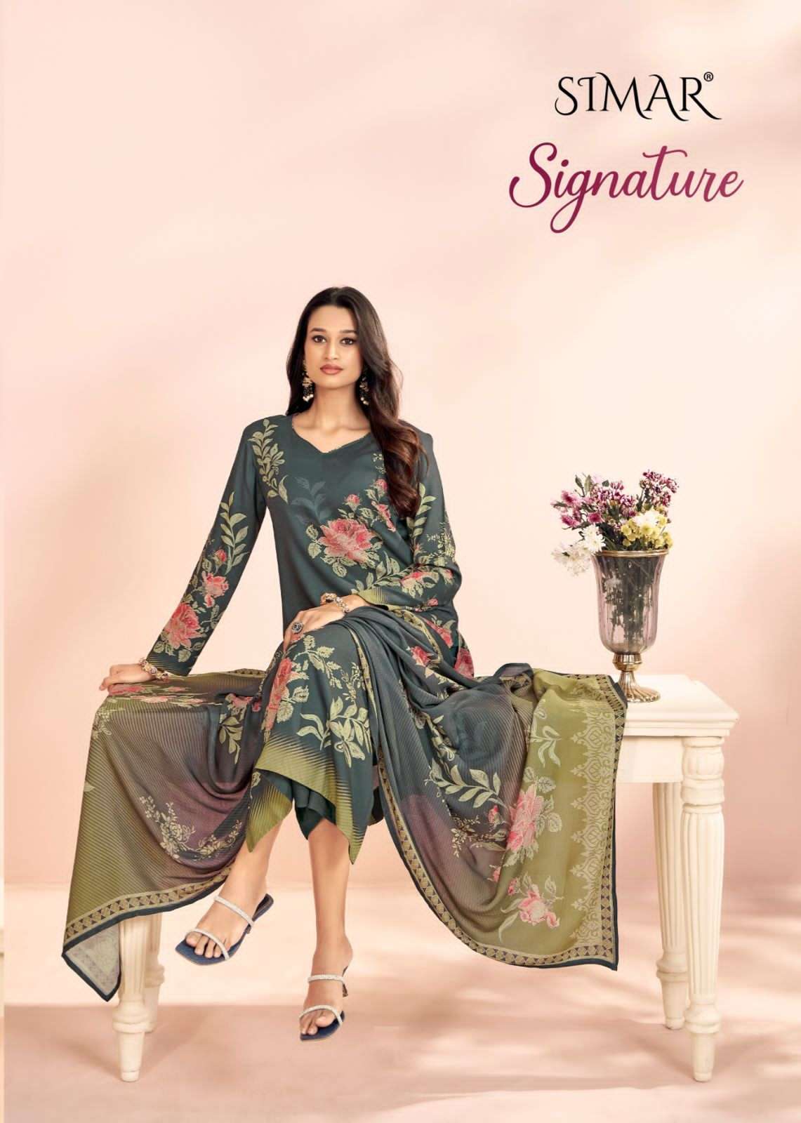 GLOSSY SIMAR SIGNATURE PURE VISCOSE PASHMINA WINTER SUIT WHOLESALER 