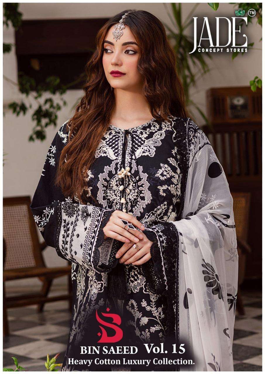 JADE BIN SAEED VOL 15 LAWN COTTON PAKISTANI PRINTED SUIT WHOLESALER 