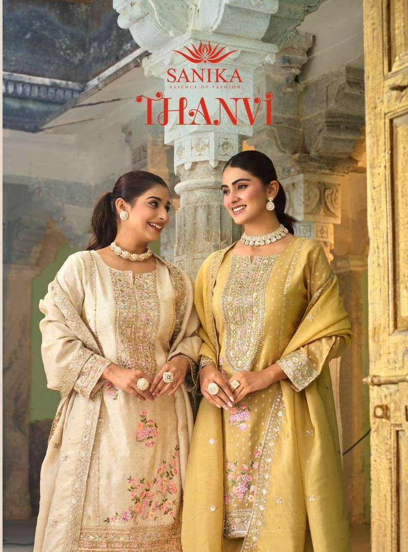 SANIKA FASHION THANVI 1601 TO 1602 VISCOSE SIMMER SILK DESIGNER SUIT WHOLESALER 