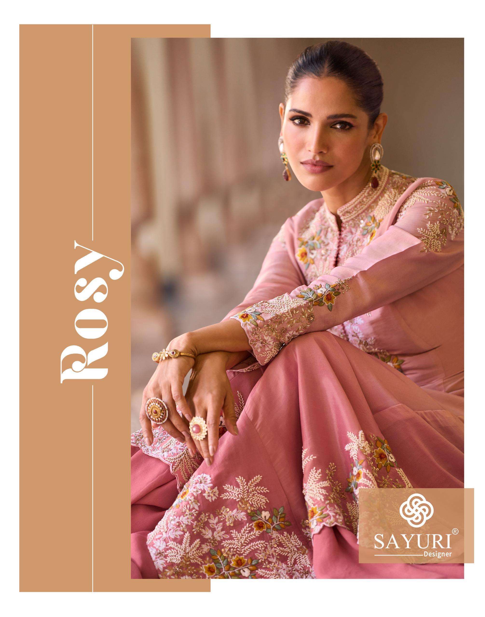 SAYURI DESIGNER ROSY 5864 TO 5867 CHINON EMBROIDERY READYMADE SUIT WHOLESALER 