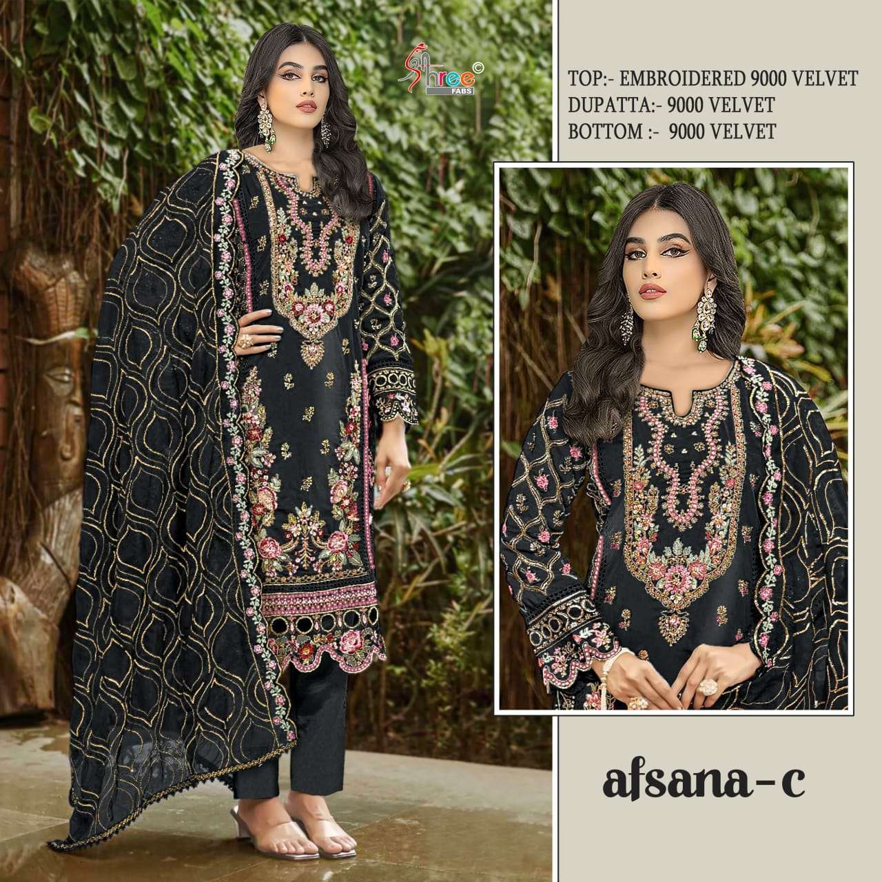 SHREE FAB AFSANA COLORS DESIGNER WORK VELVET SUIT WHOLESALER 