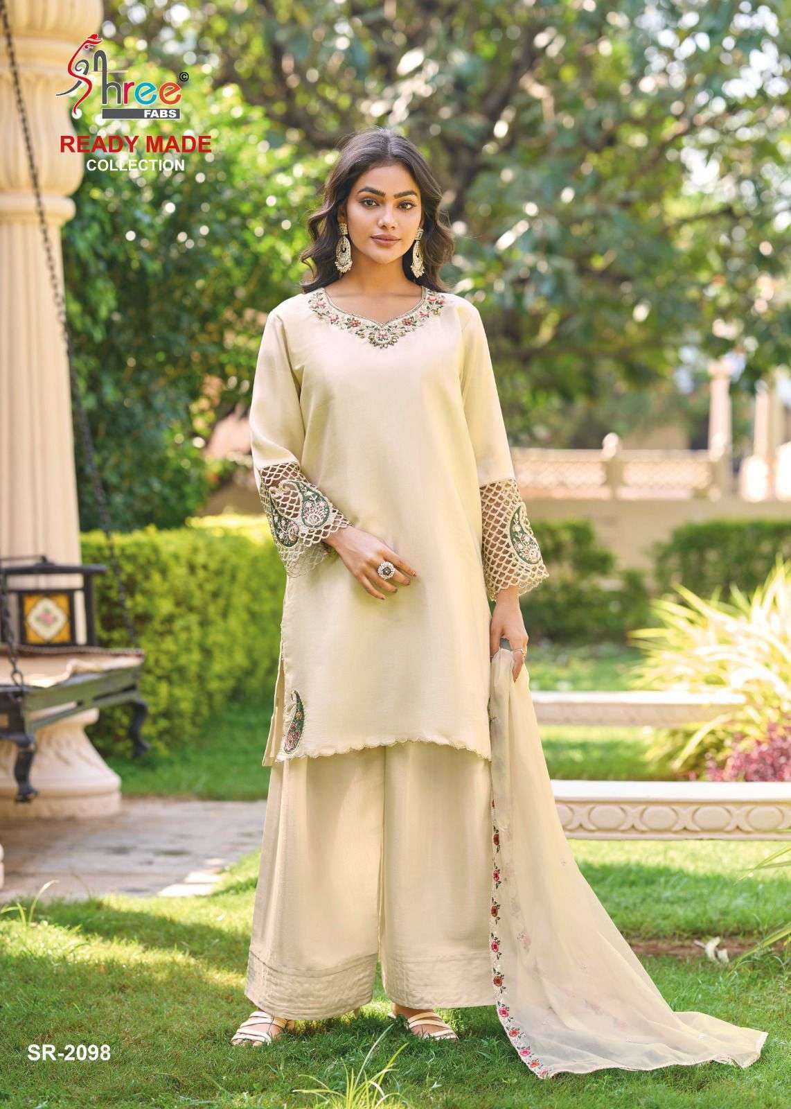 SHREE FAB R 2098 VISCOSE SATIN EMBRODERY LADIES SUIT WHOLESALER 