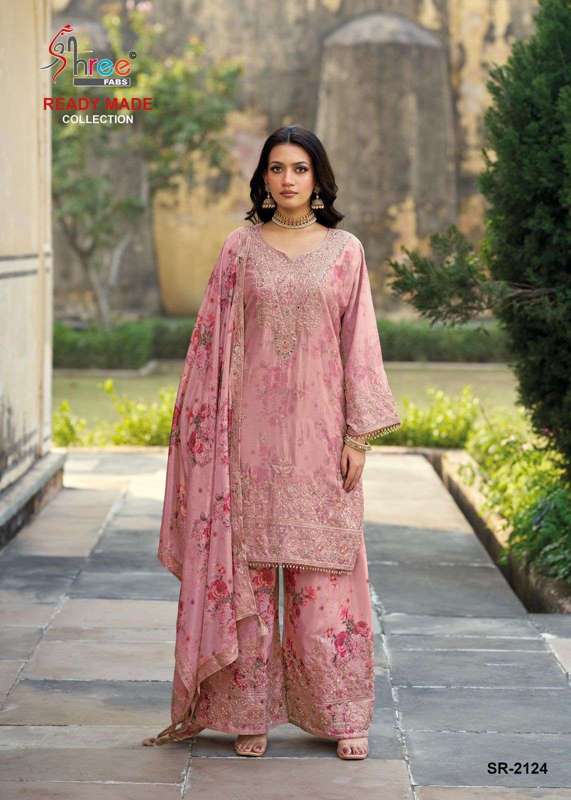 SHREE FAB R 2124 COLOURS CHINON EMBRODERY WORK READYMADE SUIT WHOLESALER 