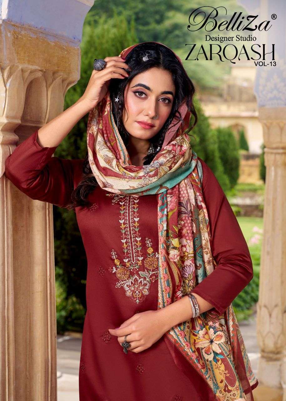 BELLIZA ZARQASH VOL 13 PURE ZAM EMBROIDERD SUIT WHOLESALER 2025