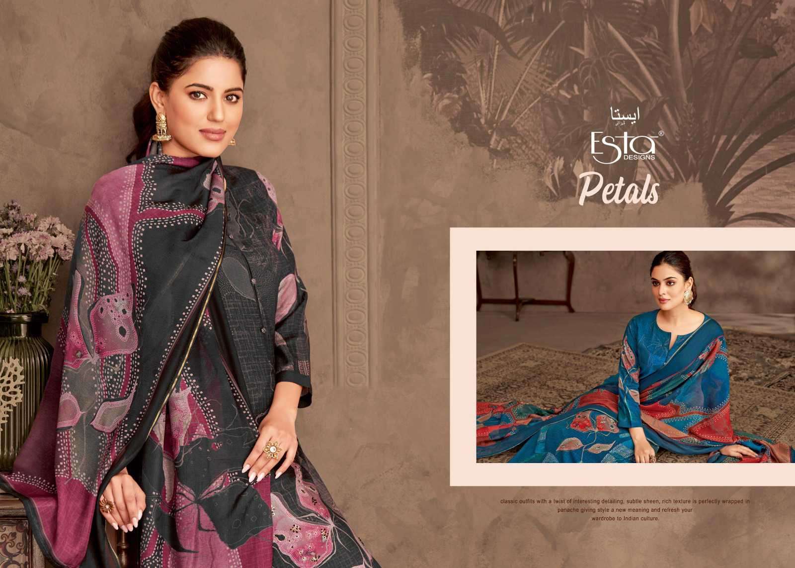 ESTA DESIGNER PETALS 3001 TO 3008 PASHMINA PRINTED SALWER KAMEEZ SUIT WHOLESALER 