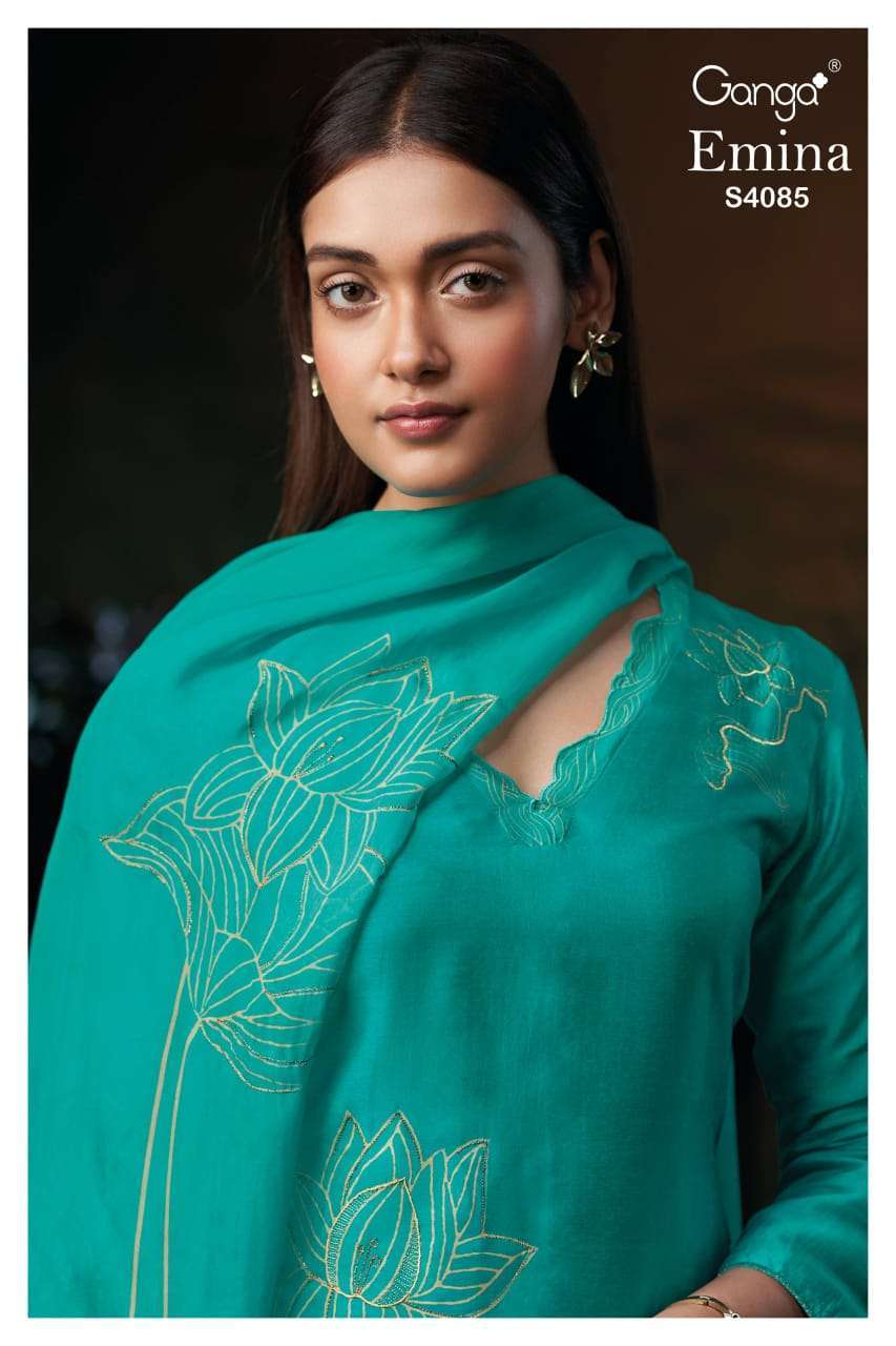 GANGA FASHION EMINA 4085 PARTYWEAR RUSSIAN SILK DESIGNER SUIT WHOLESALER BEST RATE 2025
