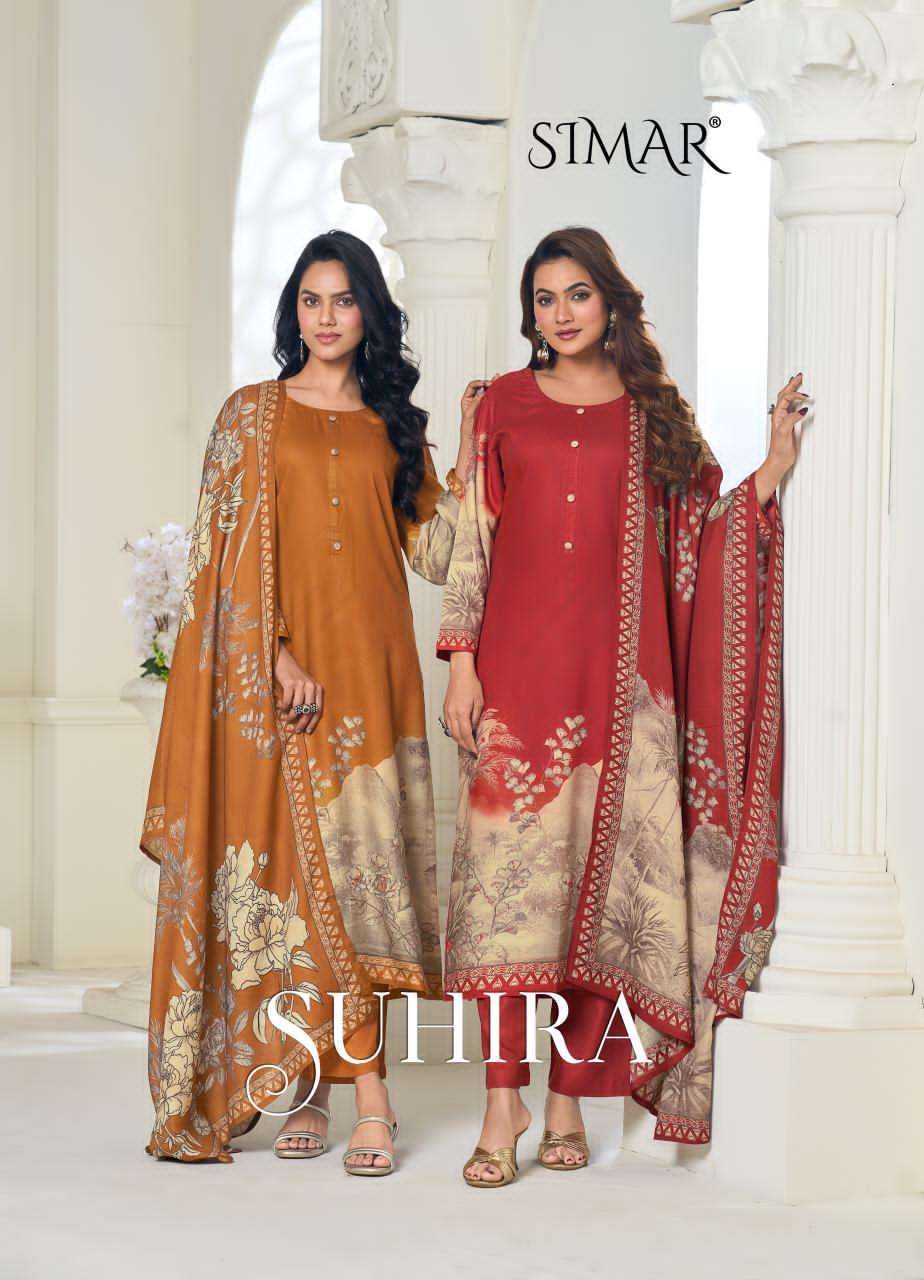 GLOSSY SIMAR SUHIRA FANCY PASHMINA SUIT WHOLESALER BEST RATE 