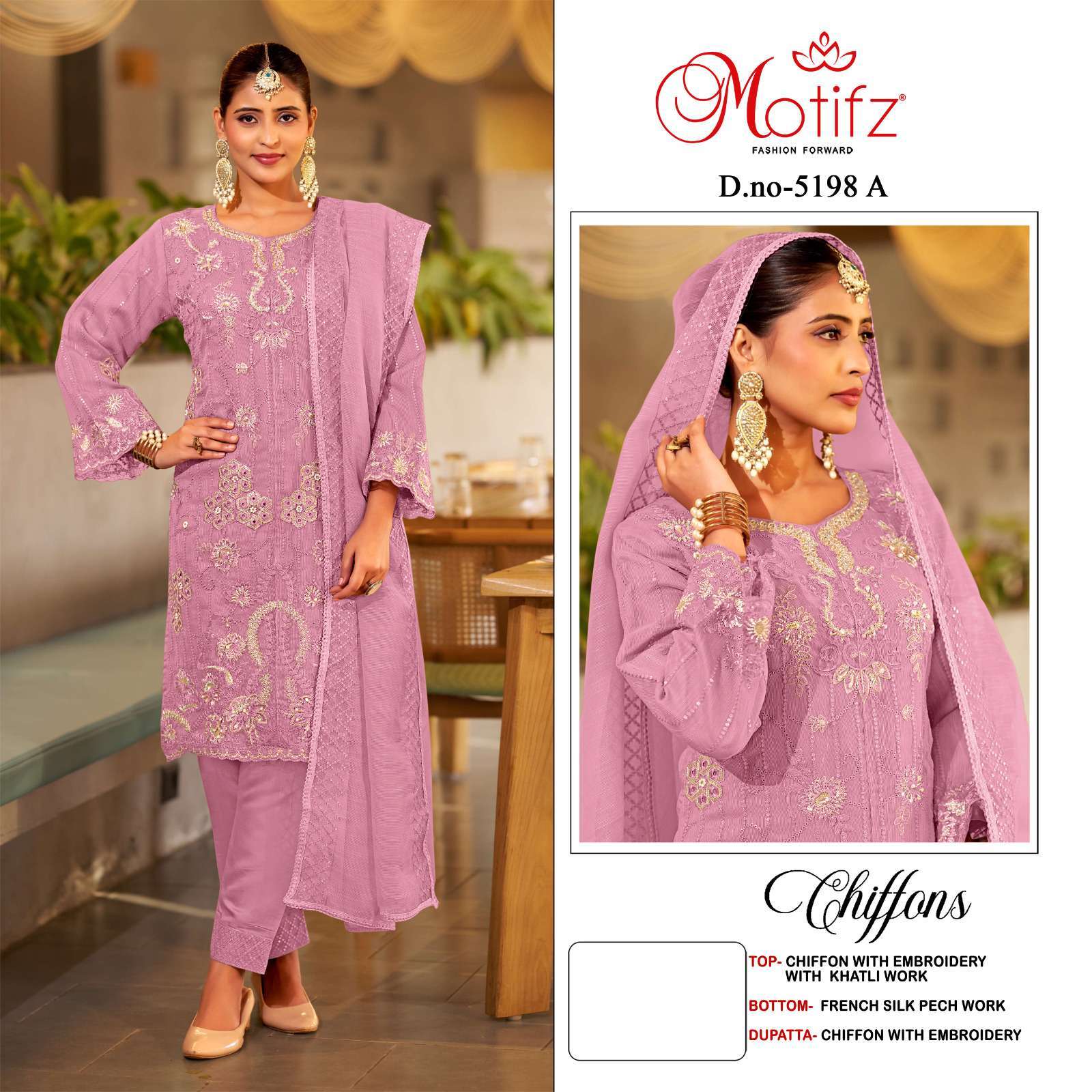 MOTIFZ D 5198 COLORS DESIGNER PAKISTANI CHIFFON SUIT WHOLESALER BEST RATE 