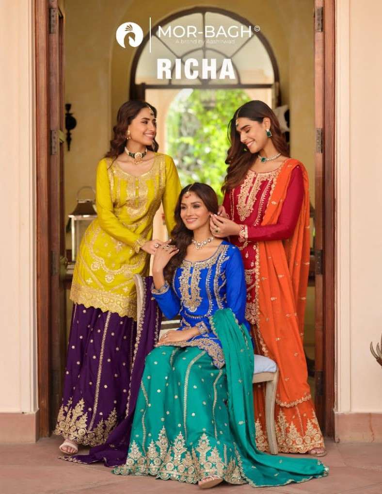 AASHIRWAD MOR BAGH RICHA 10763 TO 10765 PARTYWEAR GHARRA SUIT WHOLESALER BEST RATE 