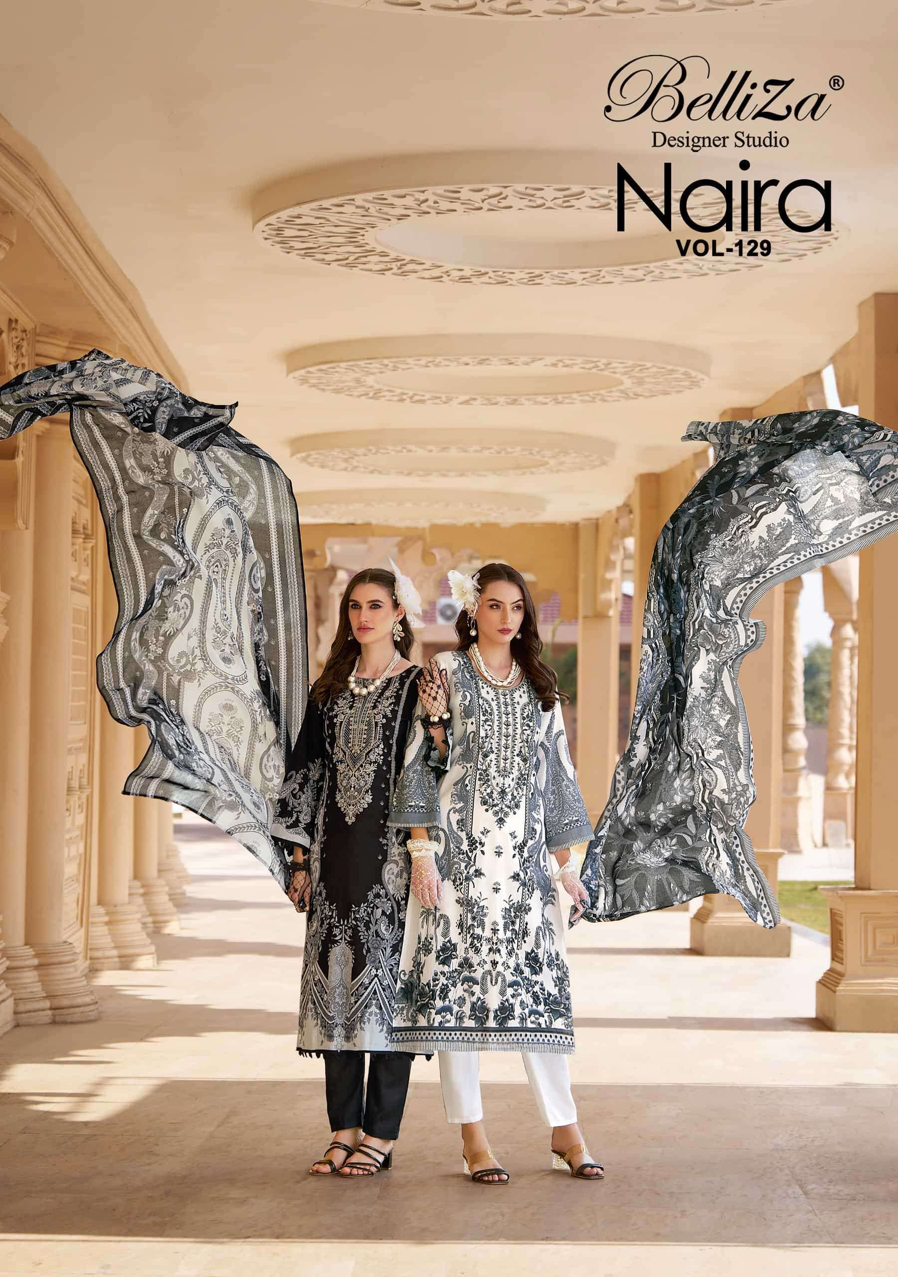 BELLIZA DESIGNER NAIRA VOL 129 PURE COTTON EMBROIDERY SUIT WHOLESALER 