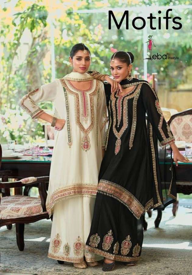 EBA LIFESTYLE MOTIFS BLACK AND WHITE CHINON EMBRODERED READYMADE SUIT WHOLESALER 