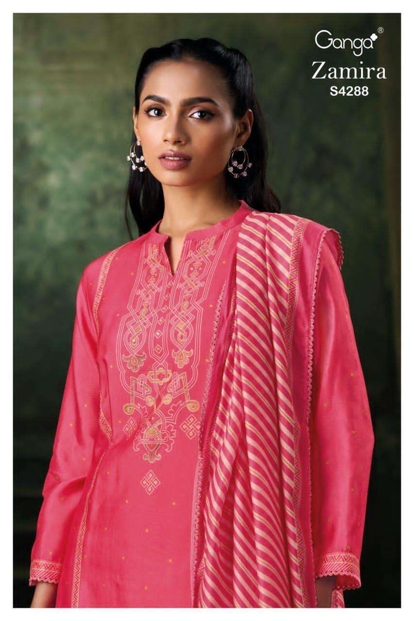 GANGA FAHION ZAMIRA 4288 RUSSIAN SILK LADIES SUIT WHOLESALER BEST RATE 