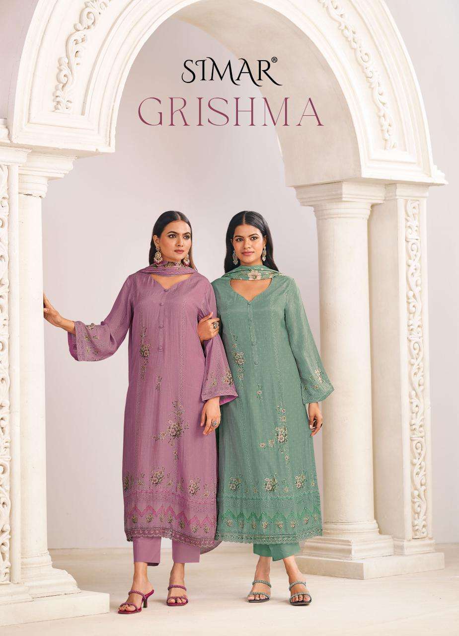 GLOSSY SIMAR GRISHMA VISCOSE MUSLIN PRINTED EMBROIDERY SUIT WHOLESALER 2026