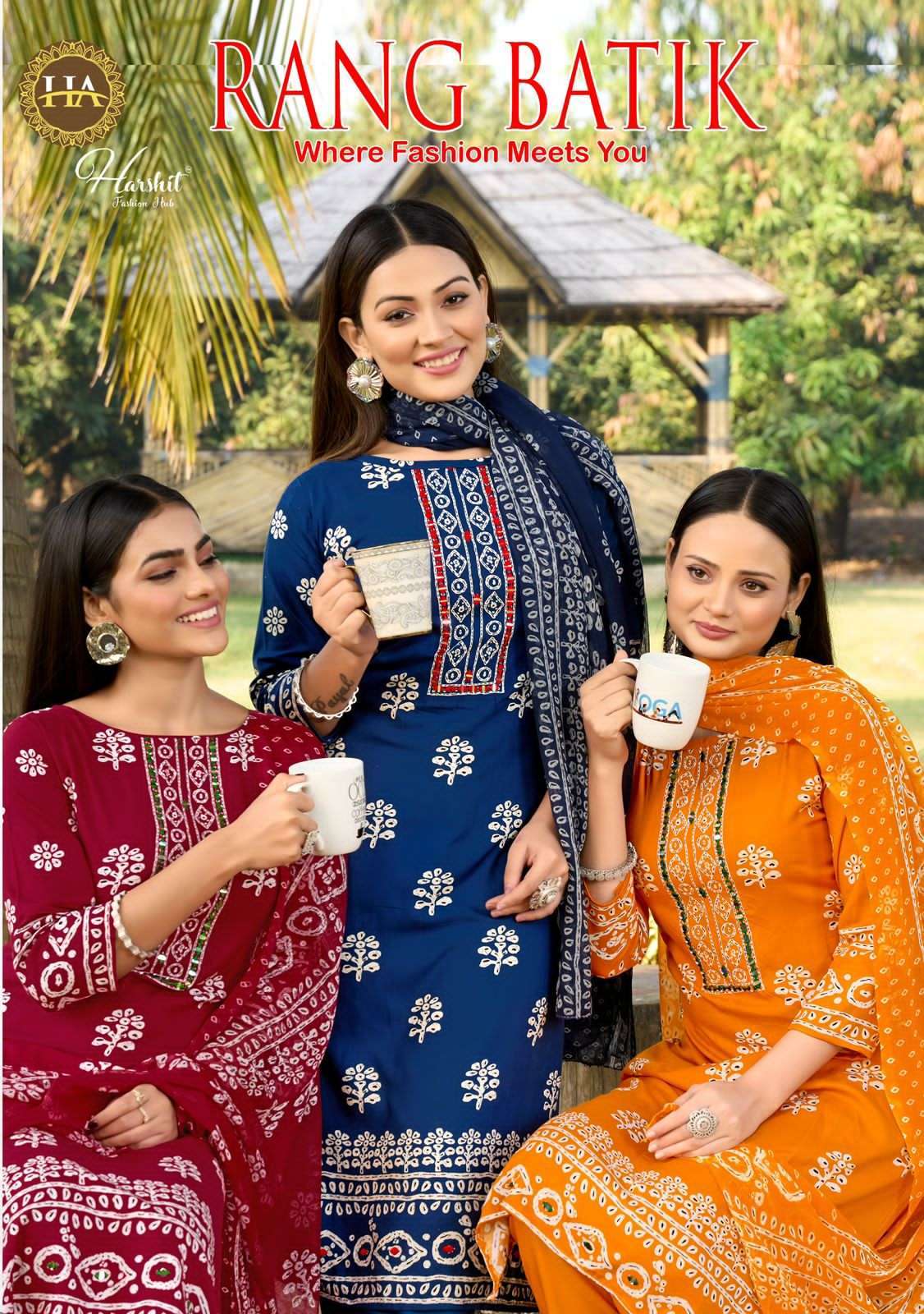 HARSHIT FASHION RANG BATIK DESIGNER RAYON SUIT WHOLESALER BEST RATE 